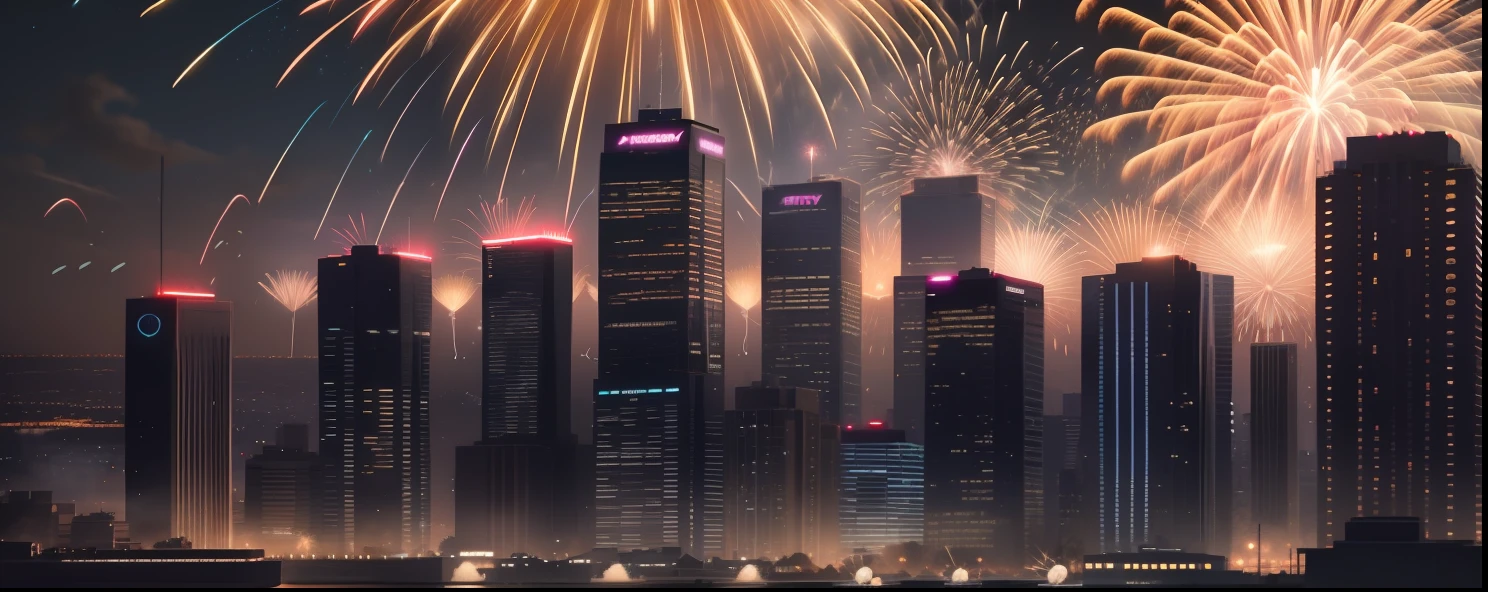 City at night with dozens of glowing cryptocurrency coins flying around the sky as fireworks go off in background, a cryptocurrency fireworks celebration