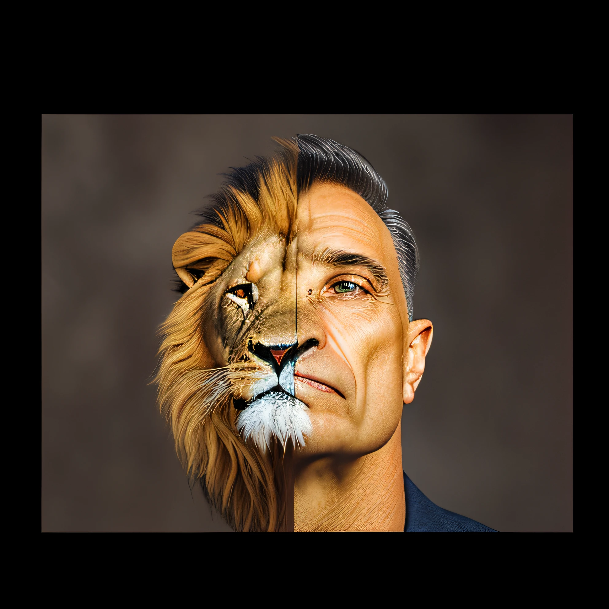 Half lion and half profile portrait