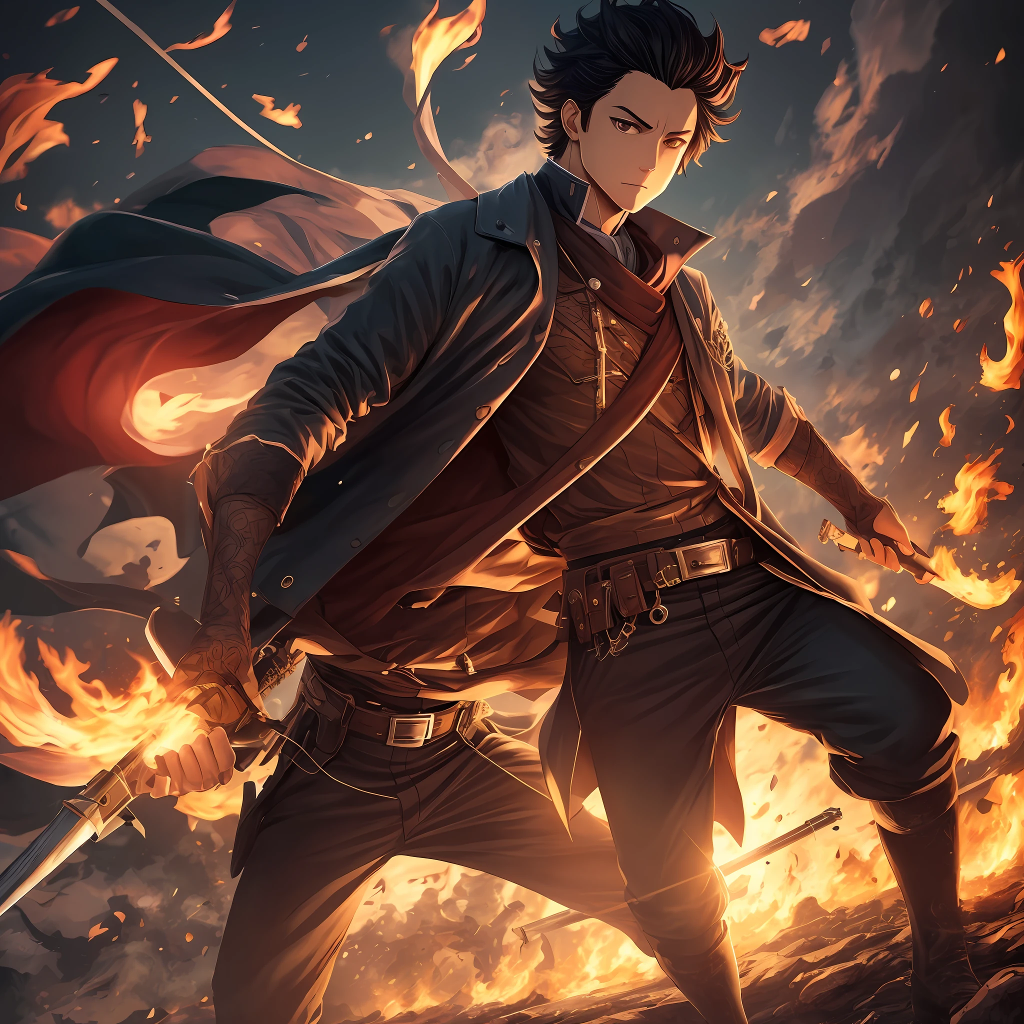 Corpo de Tanjiro Kamada, retrato ultra detalhado da personagem Tanjiro Kamada, High quality cell shaded illustration in demon slayerproduced by Shonen Jump, estilo de Koyoharu Gotouge em Kimetsu no Yaiba , in the smoke of the battlefield, olhos perfeitos, corpo inteiro, (dynamic and expressive pose ), anatomia perfeita, centrado, liberdade, alma, Approach to perfection, sombreamento celular, 4k , cinematic dramatic atmosphere, oild painting, global illumination lighting, ambiente detalhado e intrincado, Artistic Station, arte conceitual, Fluid and sharp focus, volume illumination, cinematiclighting --auto