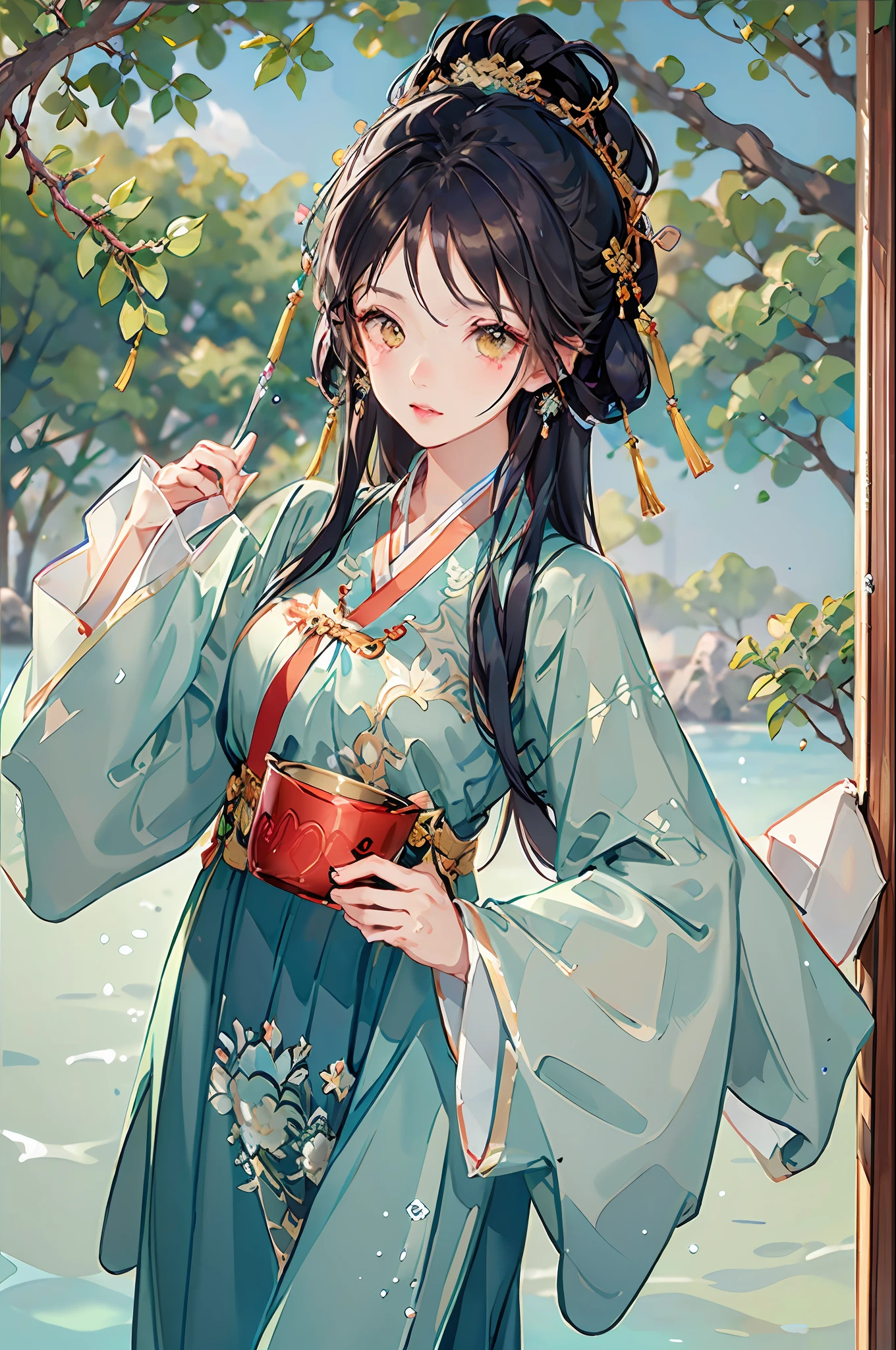 best quality, intricate details, highres,(beautiful detailed water:1.4),(hanfu, tang style),yellow eyes,(1girl in glass jar:1.1),