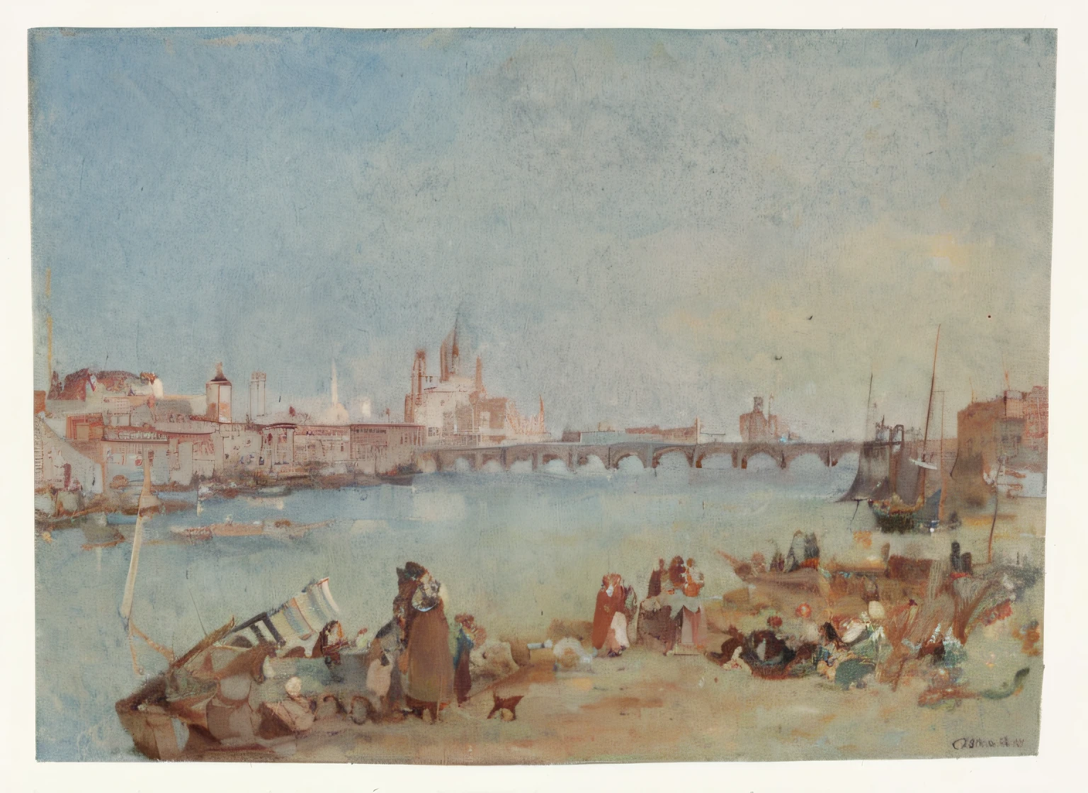 painting of a group of people standing on a beach next to a river, inspired by Richard Parkes Bonington, author:Richard Parkes Bonnington, author:William Turner(William Turner),Oxford, jmw turner, joseph mallord william turner, inspired by Samuel Prout, Beach scene, author:Samuel Prout, italian beach scene, turner whimsical, inspired by Francesco Guardi,In the background, the city building looms in the distance, On the horizon,Notre-Dame de Midview,French architecture that gradually closes the perspective,A bridge spans both banks,There are many boats docked on both sides of the river,In the foreground, a group of people stand by the river,guangjiao
