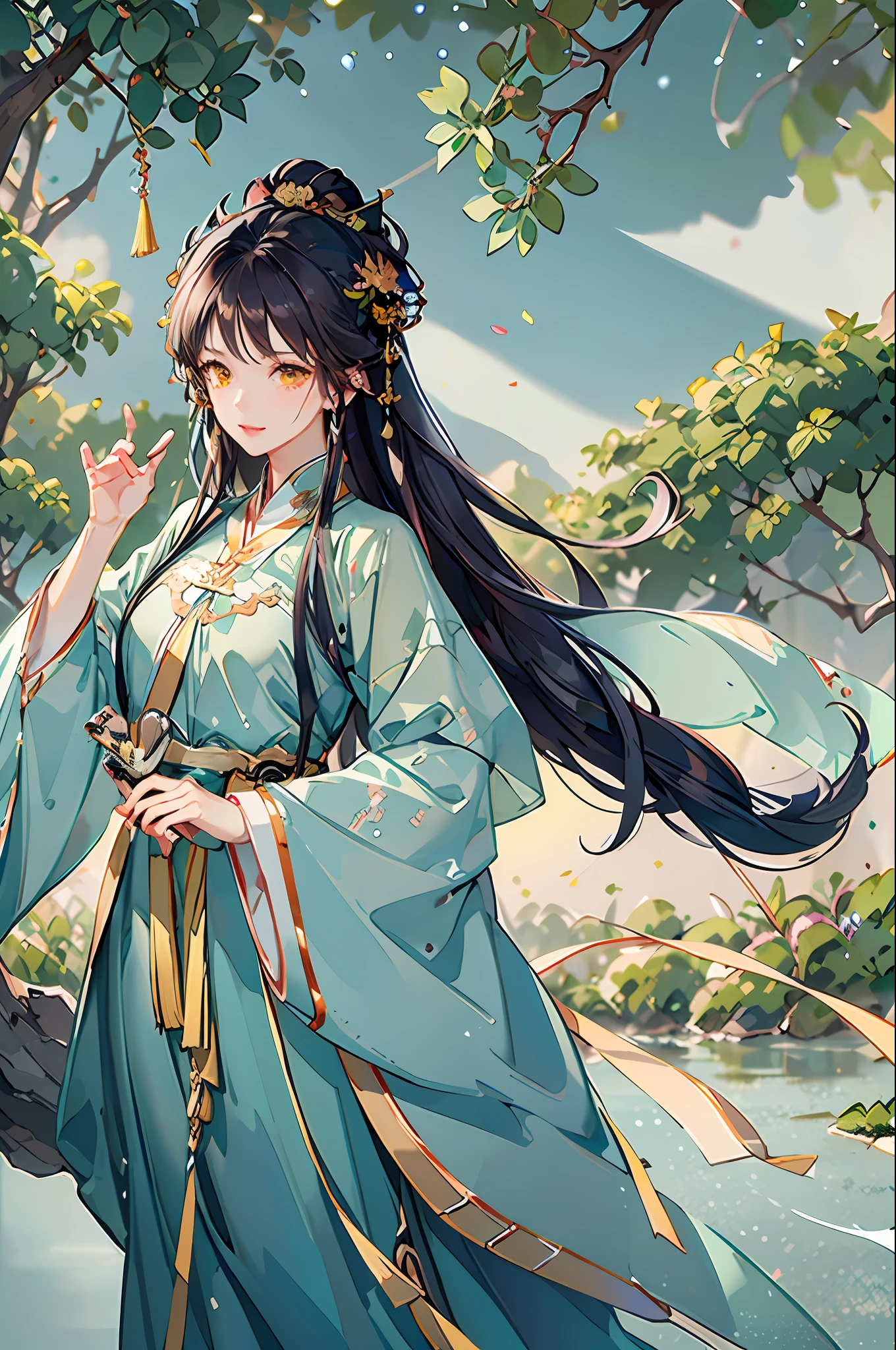 of the best quality,complicated detail,Highres,(Beautiful details water:1.4),(Hanfu,tang style),Yellow eyes,(Girl in a glass jar:1.1),the Dragon Boat Festival,At the table,Happy holiday
