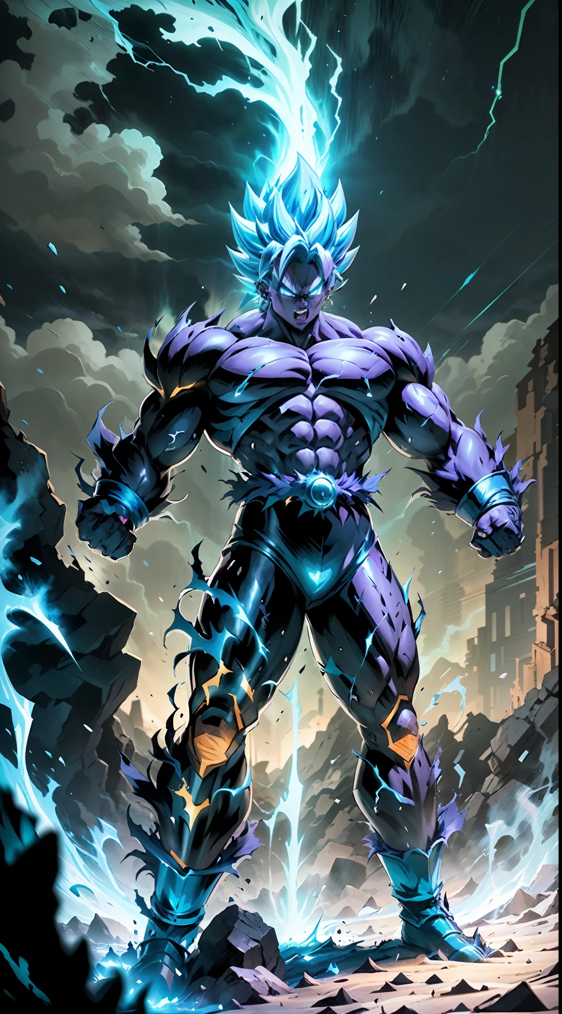 Super Saiyan Broly unleashes a colossal energy wave that shatters the ground and creates a massive shockwave. He stands on a rocky terrain with a stormy sky in the background. The energy wave is a mix of green and blue hues with a swirling pattern. (dark:1.2), (epic:1.3), (chaotic composition:1.2), (metallic:1.1), (gritty texture:1.1), (comic book:1.2), (((3D))), (((realistic))),