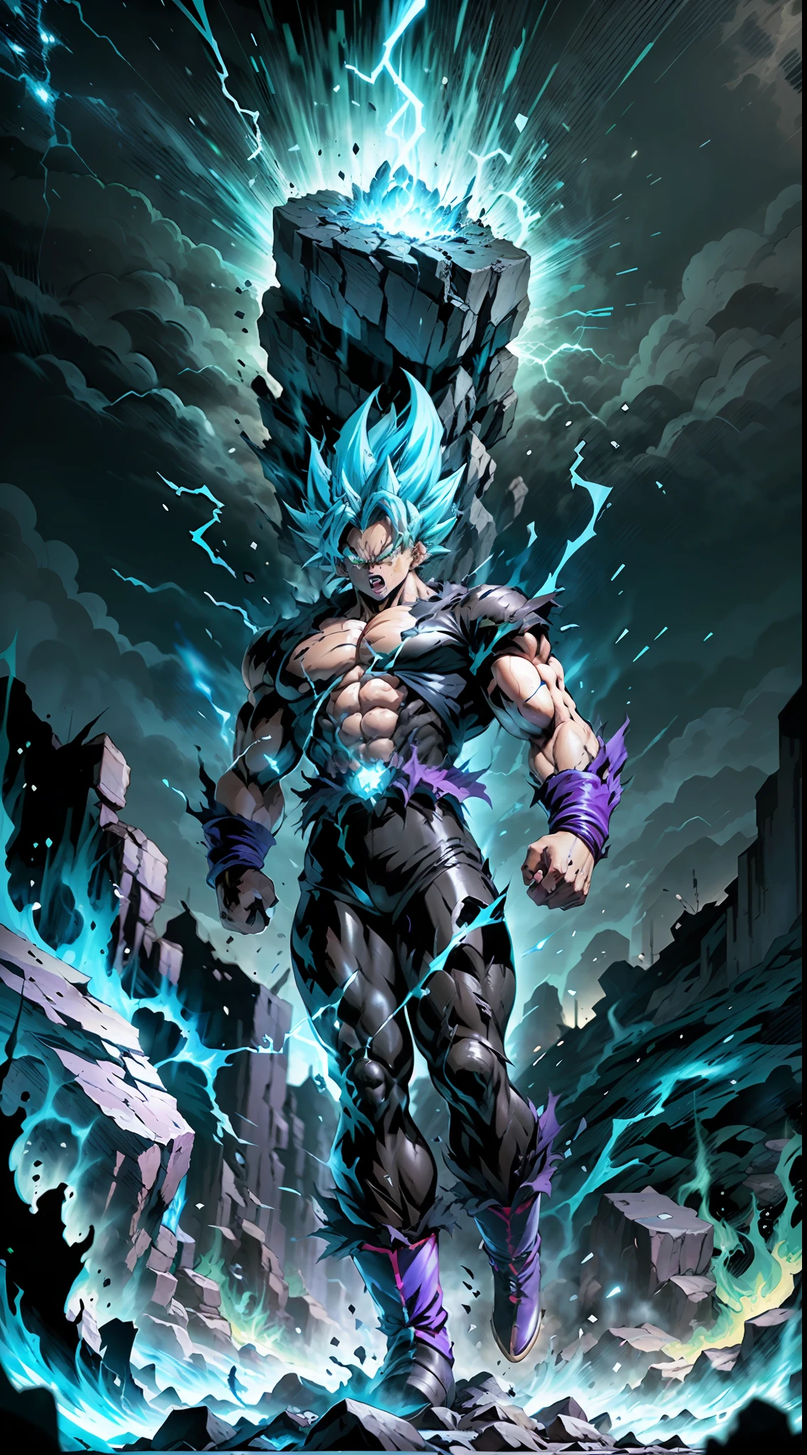 Super Saiyan Broly unleashes a colossal energy wave that shatters the ground and creates a massive shockwave. He stands on a rocky terrain with a stormy sky in the background. The energy wave is a mix of green and blue hues with a swirling pattern. (dark:1.2), (epic:1.3), (chaotic composition:1.2), (metallic:1.1), (gritty texture:1.1), (comic book:1.2), (((3D))), (((realistic))),