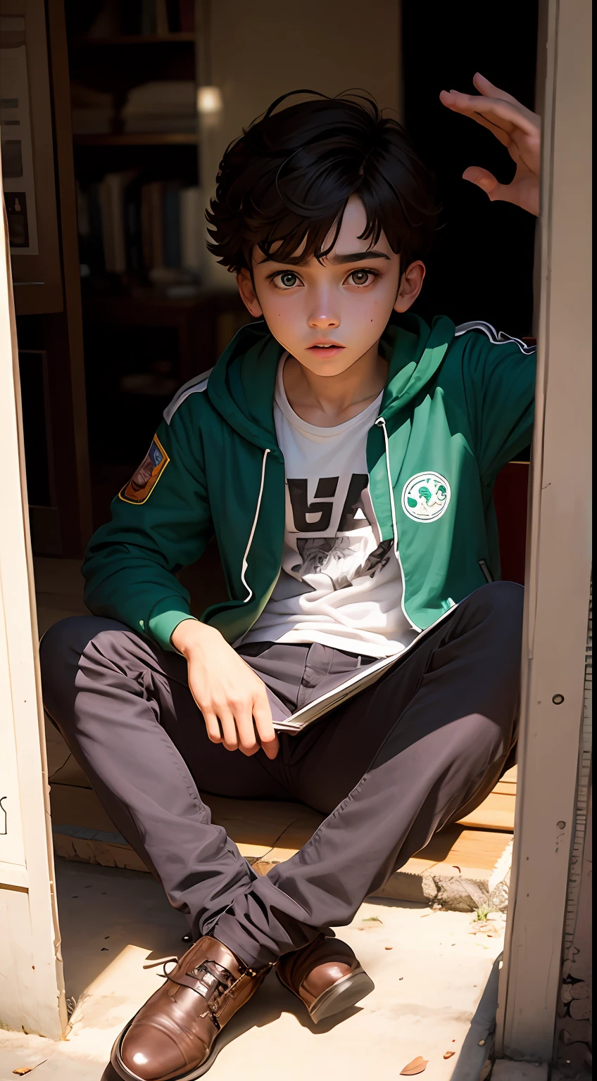 de 13 anos ,com livro na mao, jaqueta verde , brown pants ,olhos castanhos cabelo mediano --auto