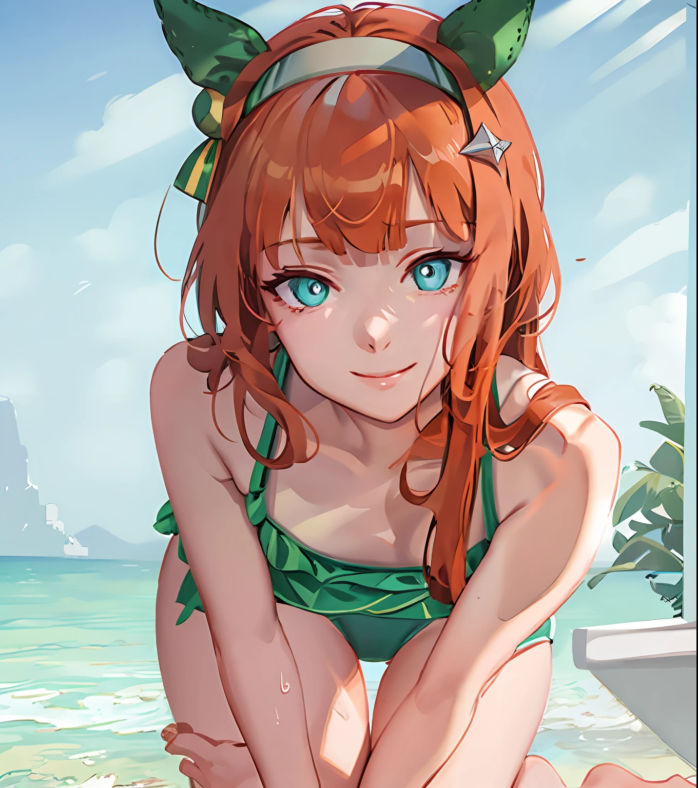 1girl in, Solo, green swimwear, Maste Piece, Best Quality, Realistic, ultra hyper-detailed, (Shiny skin, full of sweat:1), Absurd, Looking at Viewer, Smile, small breaths, Slender, Thin waist, High resolution, Sharp Focus, depth of ﬁeld, Detailed eyes, Sharp pupils, Realistic pupils, focus on thigh root, Camel toe, Legs apart, Bedrooms