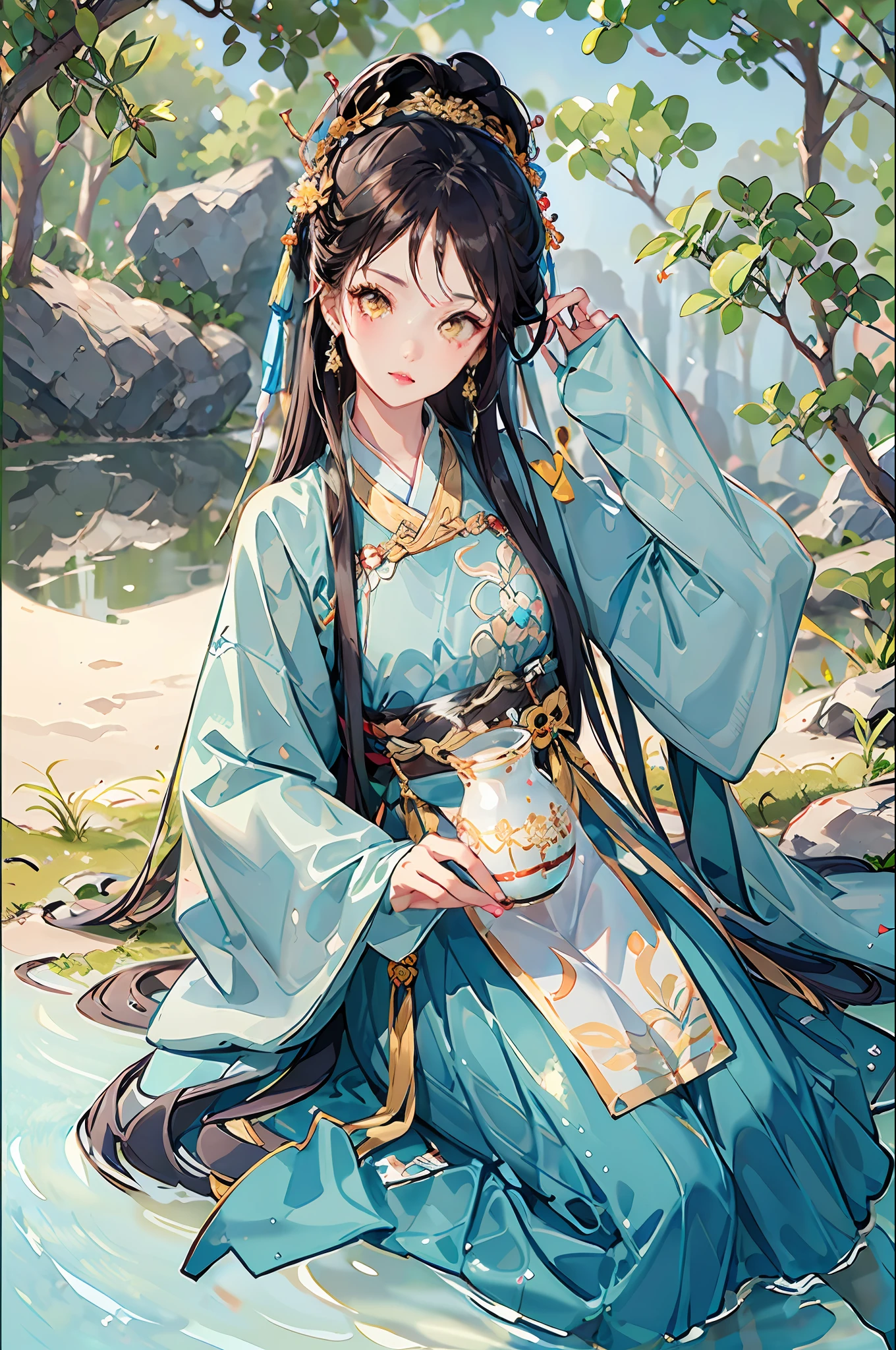 best quality, intricate details, highres,(beautiful detailed water:1.4),(hanfu, tang style),yellow eyes,(1girl in glass jar:1.1),
