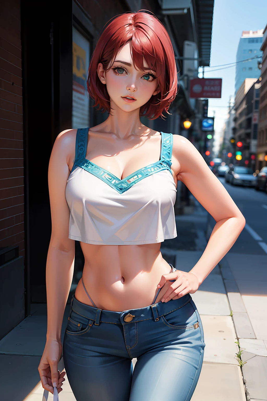 Super sexy Mariia wearing (lowcut skinny (flared jeans)), ((white croptop:1.5) tanktop with visible neckline), bobcut red hair, photorealistc, photography, (high resolution), (photorealistic:1.4), (extremely intricate), (exquisitely detailed), highly detailed, highres, original, extremely detailed 8K wallpaper, best quality, detailed face, ultra-detailed, raw photo, realistic, (thigh gap:1.5)