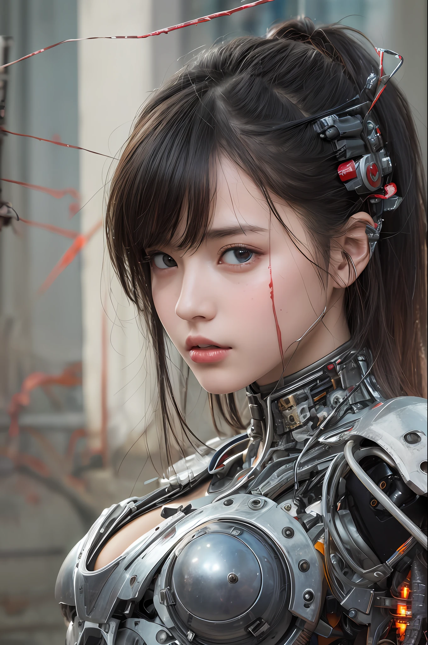 Top Quality, Masterpiece, Ultra High Resolution, (Photorealistic: 1.4), Raw Photo, 1 cyberpunk Girl, Black Hair, Glossy Skin, 1 Mechanical Girl, depth of field focus f/2.8, (Ultra Realistic Detail)), Contrast, Shadows, Octane Rendering, 8K, Ultra Sharp, Cleavage Exposed, Raw Skin, Metal, Intricate Ornament Details, Japan Details, Very intricate details, realistic light, CGSoation trend, facing the camera, neon details, mechanical limbs, blood vessels connected to the tube, mechanical vertebrae attached to the back, mechanical cervical attachment to the neck, wires and cables connecting to the head, gundam, small LED lamps.