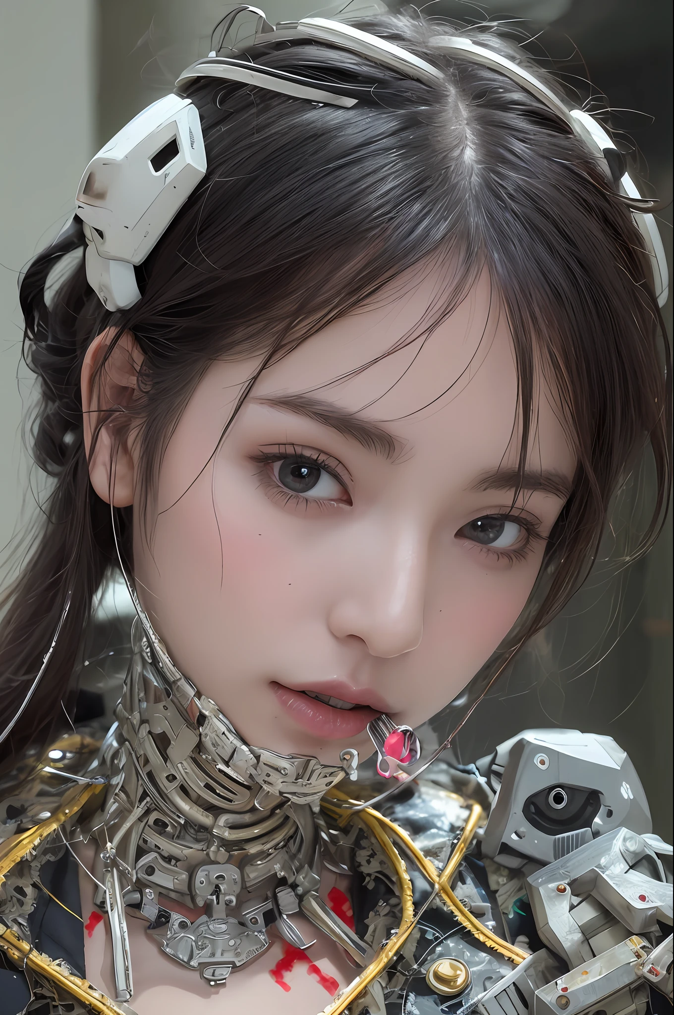 Top Quality, Masterpiece, Ultra High Resolution, (Photorealistic: 1.4), Raw Photo, 1 cyberpunk Girl, Black Hair, Glossy Skin, 1 Mechanical Girl, depth of field focus f/2.8, (Ultra Realistic Detail)), Contrast, Shadows, Octane Rendering, 8K, Ultra Sharp, Cleavage Exposed, Raw Skin, Metal, Intricate Ornament Details, Japan Details, Very intricate details, realistic light, CGSoation trend, facing the camera, neon details, mechanical limbs, blood vessels connected to the tube, mechanical vertebrae attached to the back, mechanical cervical attachment to the neck, wires and cables connecting to the head, gundam, small LED lamps.