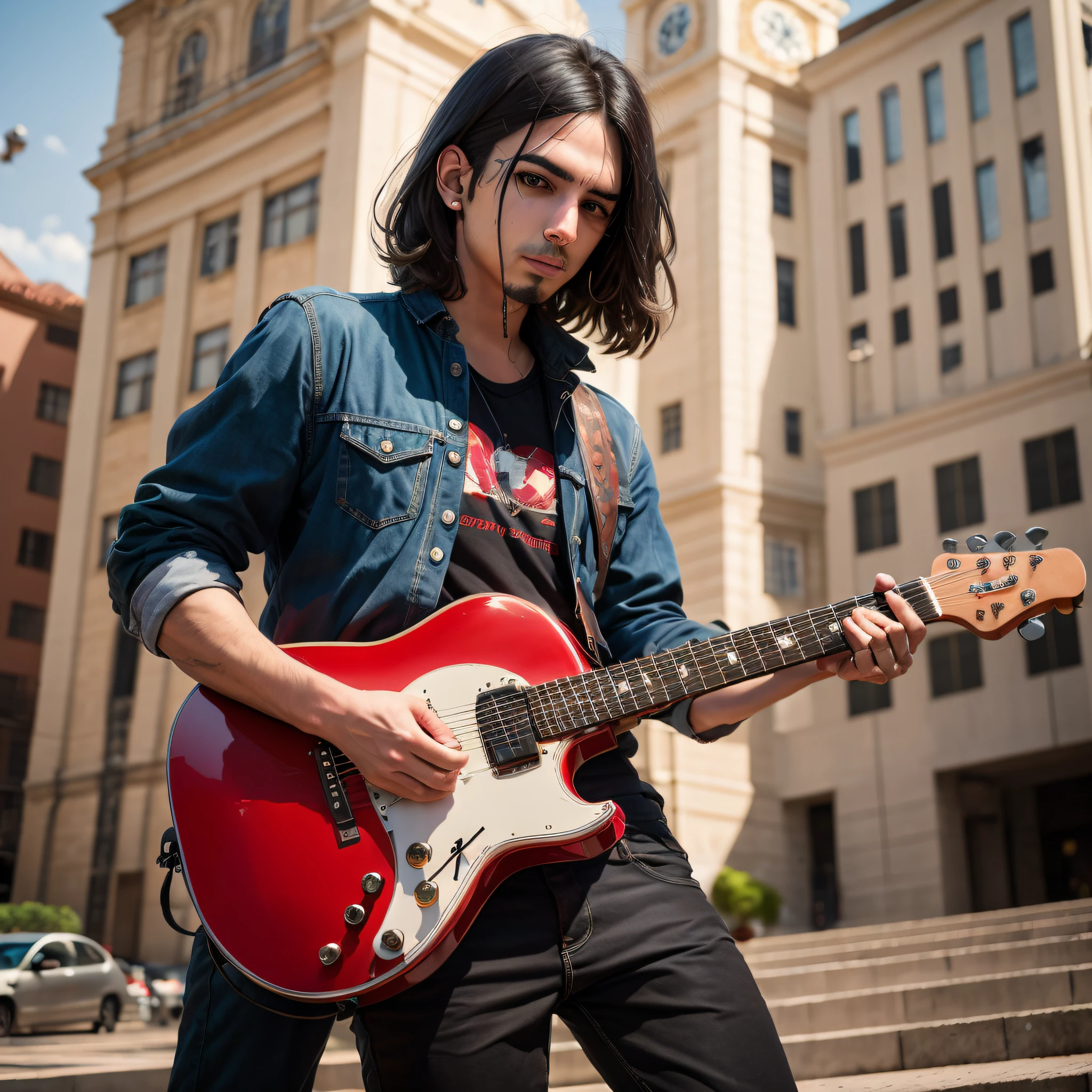 There's a rocker man standing in front of a building with a clock tower, dia do Rocha, homenagem ao dia do Rocha, fazendo sinal do Rocha, Rocha, dia mundial do Rocha, music, alta resolução, Realismo, Foto ADSL, Photographic Canon, Photo resolution, guitarra vermelha, Mesmo, anime