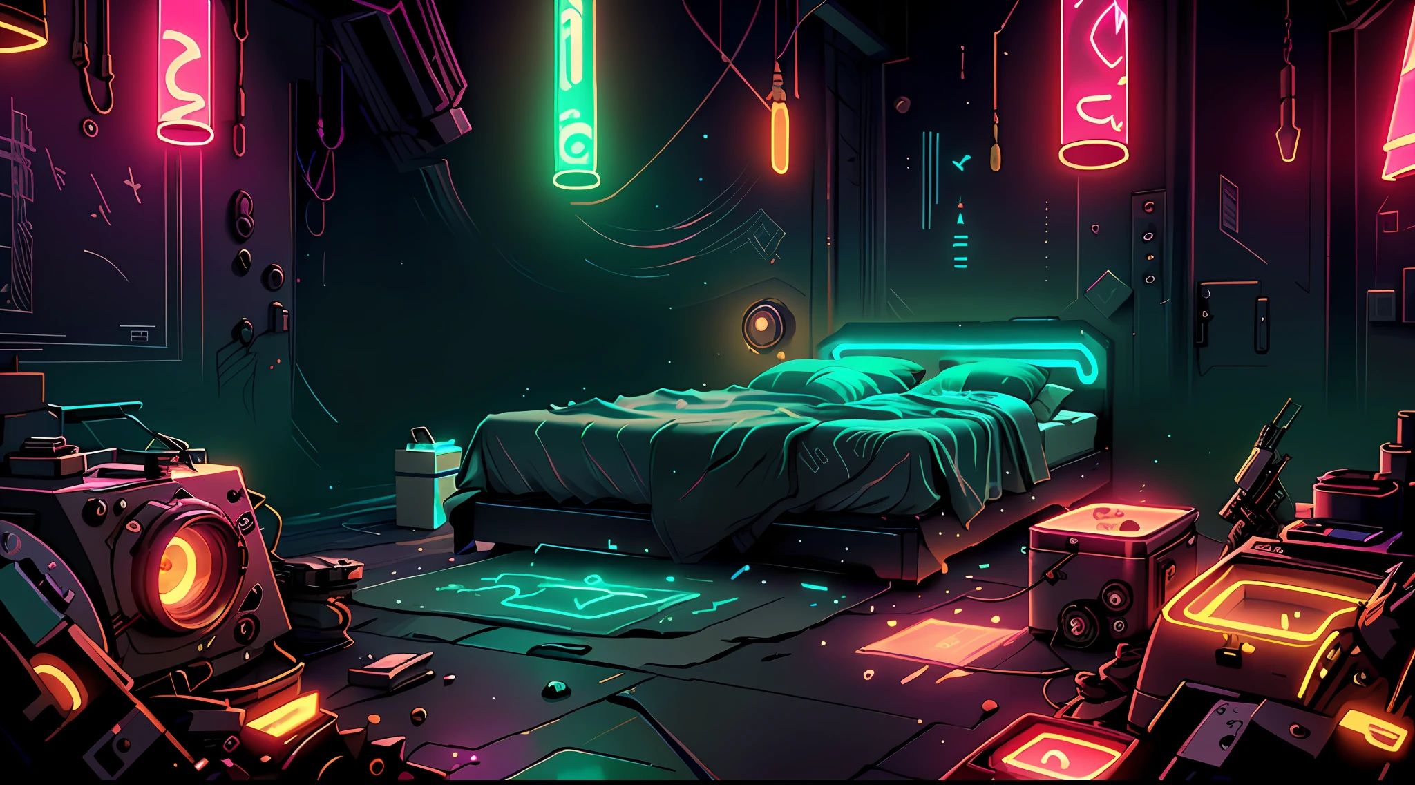 Cama futurista, detalhes ornamentados, luz noturna neon de grandes janelas (Desordem-Casa: 0.5) quarto de estilo moderno, fotorrealista, 8k, Particles in the cyberpunk style scene, luzes neon, luz e cores de cinema,