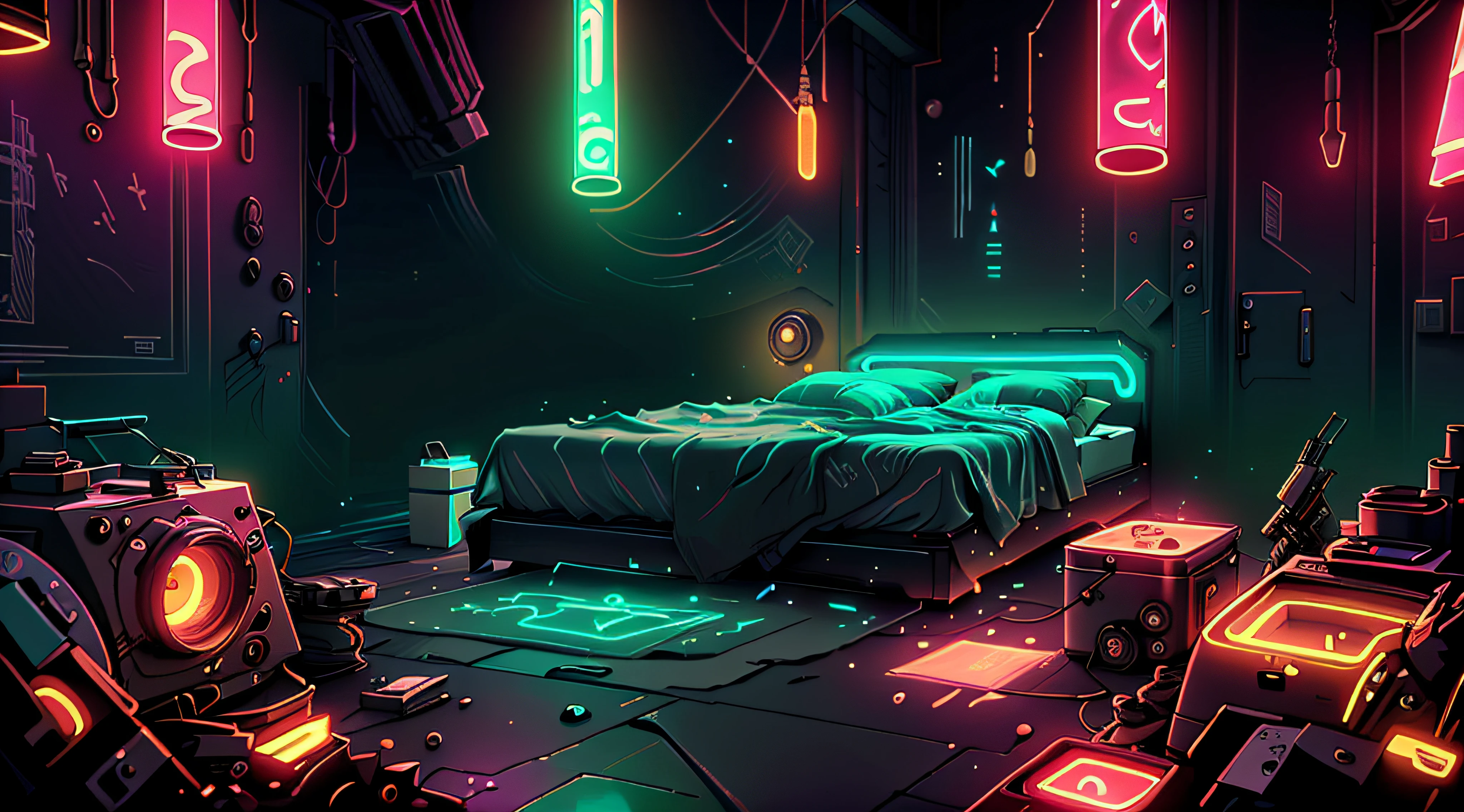 Cama futurista, detalhes ornamentados, luz noturna neon de grandes janelas (Desordem-Casa: 0.5) quarto de estilo moderno, fotorrealista, 8k, Particles in the cyberpunk style scene, luzes neon, luz e cores de cinema,