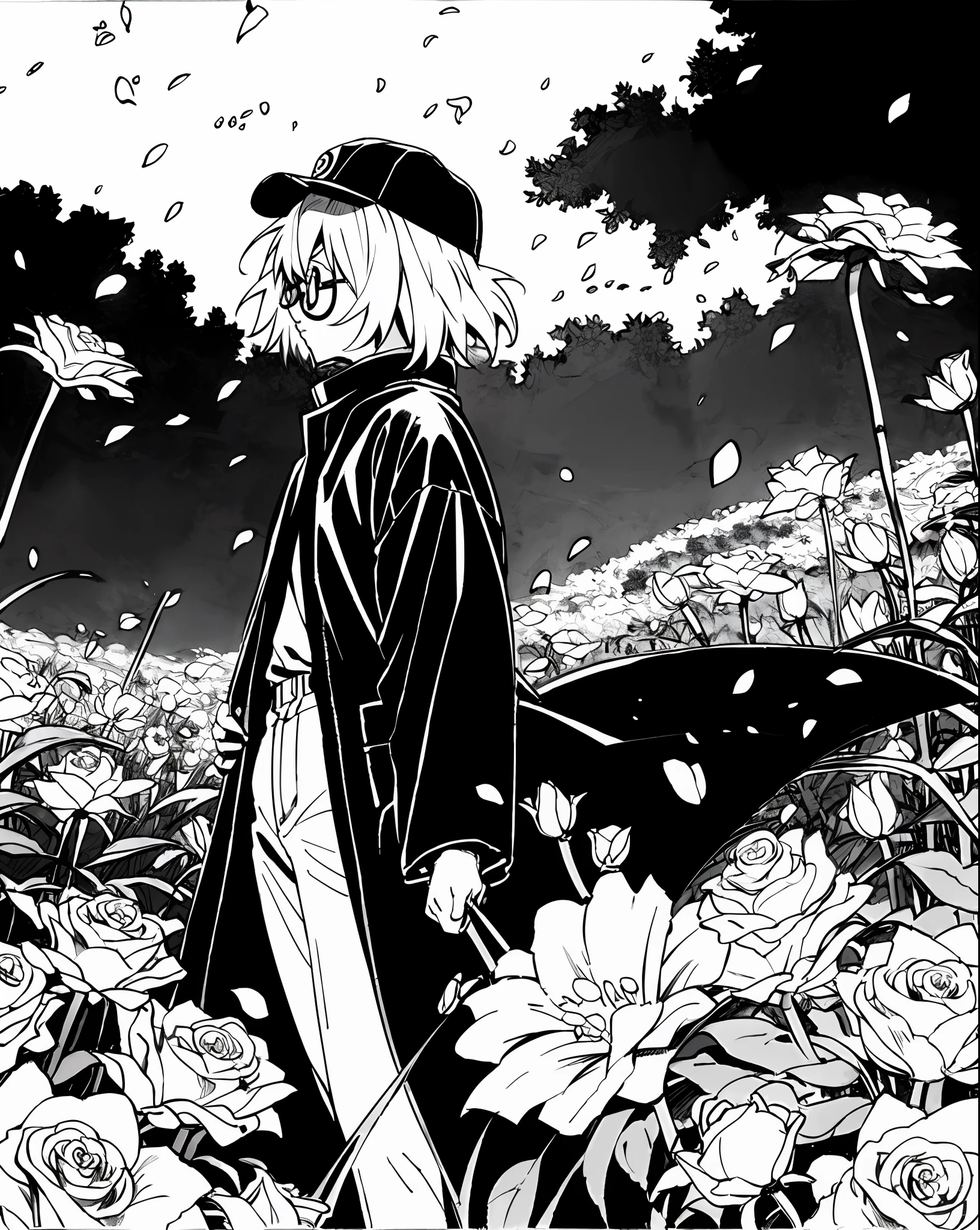 Mirai Kuriyama wearing casual summer clothes in a field full of flowers and tall plants, falling petals, roses, VHS, vintage, cap, red glasses, wearing black coat, manga style, white background, ((monochrome)), far away shot