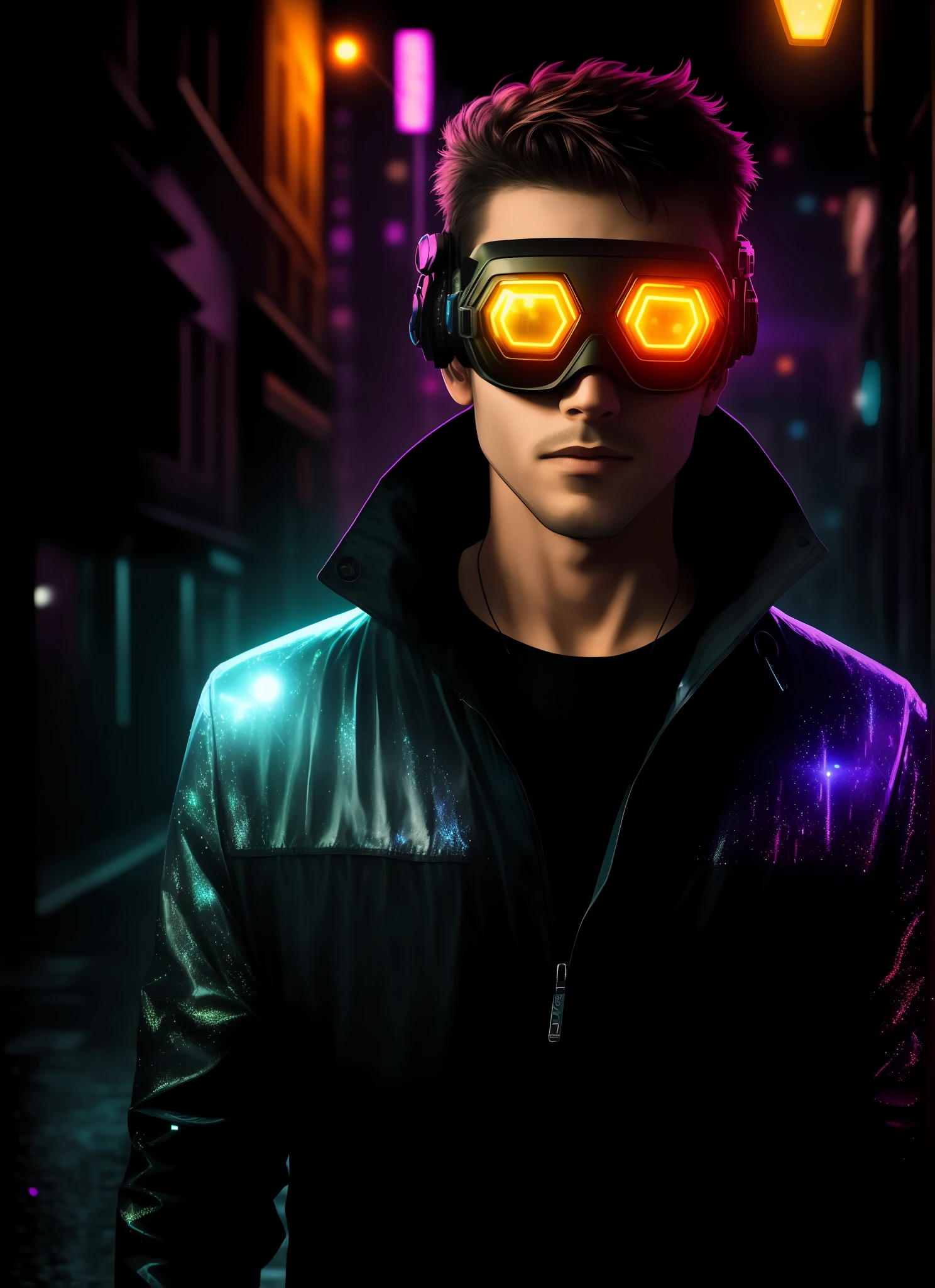 An award winning master piece photo of a cyborg man with psychedelic colors standing in a city street at night in the rain, wearing neon-colored glowing goggles, 8k, (high quality:1.1), (cinematic feeling:1.1), dark deep shadows, incredibly intricate detailing, art , (up close:1.1), from above, looking at viewer, (light sparkles:1.1), (chromatic aberration,:1.2) background with floating light artifacts