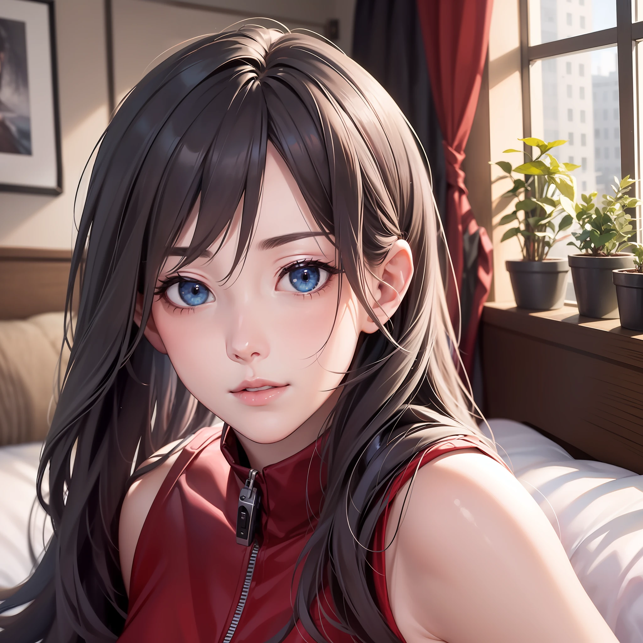 4K, 8K, (Masterpiece, best quality:1.2), blue eyes, perfect face, cosplay, professional photo, photo, photorealism, modelshoot style, portrait of shirogane, red plugsuit, feminine, bedroom, bed, sheets, window, plants, upper body, face shot