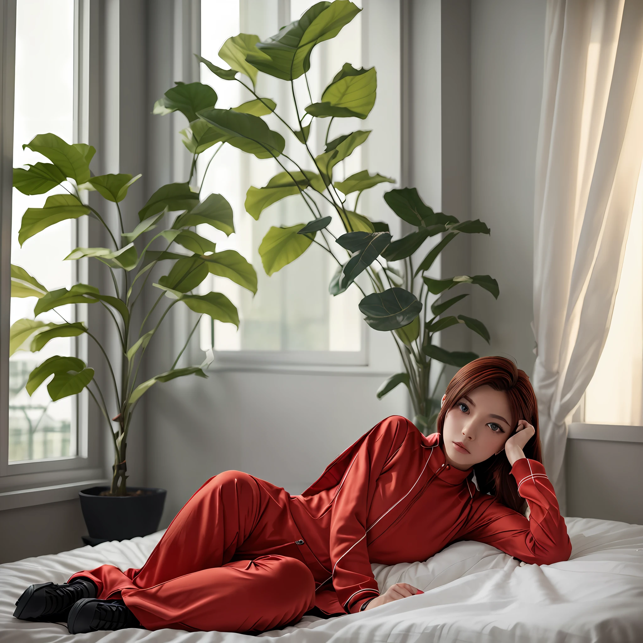 4K, 8K, (Masterpiece, best quality:1.2), blue eyes, perfect face, cosplay, professional photo, photo, photorealism, modelshoot style, portrait of shirogane, red plugsuit, feminine, bedroom, bed, sheets, window, plants, upper body, face shot --auto