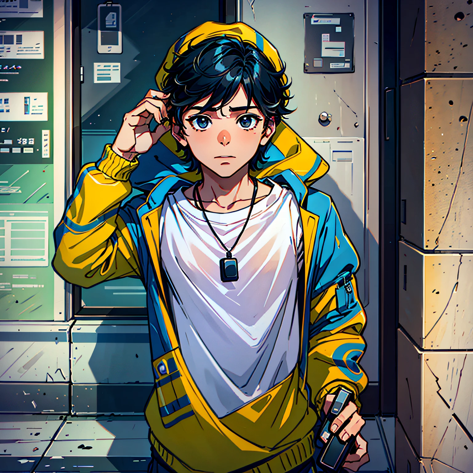 lofistudy, boy , written, sideways, brazilian boy, dark hair, short hair, headphones, beanie, camouflage uniform, window, background of Rio de Janeiro, night --16:9 --auto
