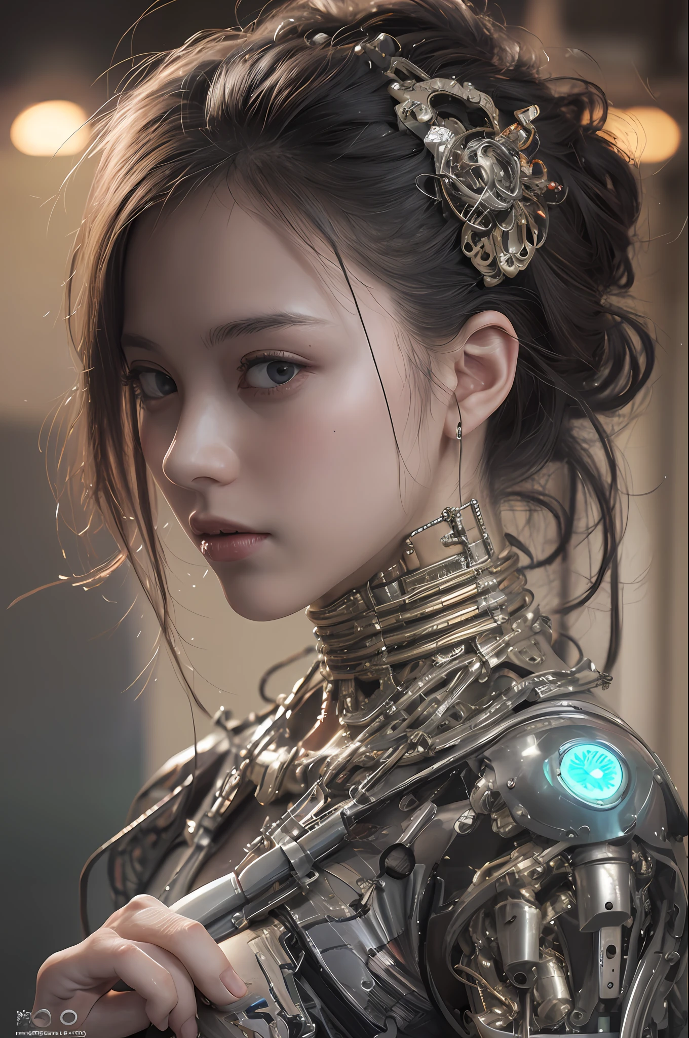 Top Quality, Masterpiece, Ultra High Resolution, (Photorealistic: 1.4), Raw Photo, 1 cyberpunk Girl, Black Hair, Glossy Skin, 1 Mechanical Girl, depth of field focus f/2.8, (Ultra Realistic Detail)), Contrast, Shadows, Octane Rendering, 8K, Ultra Sharp, Cleavage Exposed, Raw Skin, Metal, Intricate Ornament Details, Japan Details, Very intricate details, realistic light, CGSoation trend, facing the camera, neon details, mechanical limbs, blood vessels connected to the tube, mechanical vertebrae attached to the back, mechanical cervical attachment to the neck, wires and cables connecting to the head, gundam, small LED lamps.