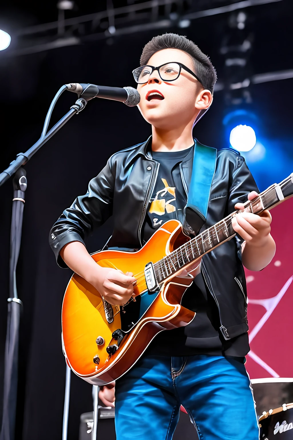 guttonerdvision6, ((melhor qualidade)), ((Masterpiece)):

Prepare to be amazed by this extraordinary artwork featuring a 3-year-old boy wearing glasses and showcasing his musical talent. With incredible attention to detail, o artista fez o rosto do menino, pele, e poros com realismo espantoso.

The young musician is confidently strumming a black Stratocaster guitar, canalizando seu rockstar interior. He's dressed in a black leather jacket and ripped jeans, incorporando a vibe cool e ousada de um artista de palco.

The stage is bathed in vibrant stage lighting, creating a dynamic and captivating atmosphere. The focus is on the boy and his guitar, with only the hands of the audience visible in the background, capturing the energy and excitement of a live performance.

Cada aspecto desta cena foi meticulosamente trabalhado, from the boy's expression of concentration to the intricate details of the guitar strings. The artist's skillful use of light and shadow adds depth and dimension to the image, tornando-o verdadeiramente realista.

This masterpiece transports viewers to the heart of a concert, allowing them to feel the energy and passion of the young musician's performance. The level of detail and realism achieved in this artwork is truly exceptional, showcasing the artist's mastery of their craft.

Prepare-se para ser cativado por esta alta qualidade, altamente detalhado, and realistic depiction of a young guitarist on stage. This artwork is truly a masterpiece that captures the essence of a live musical experience.

eye-level, Scenic, Masterpiece..

eye-level, Scenic, Masterpiece.
