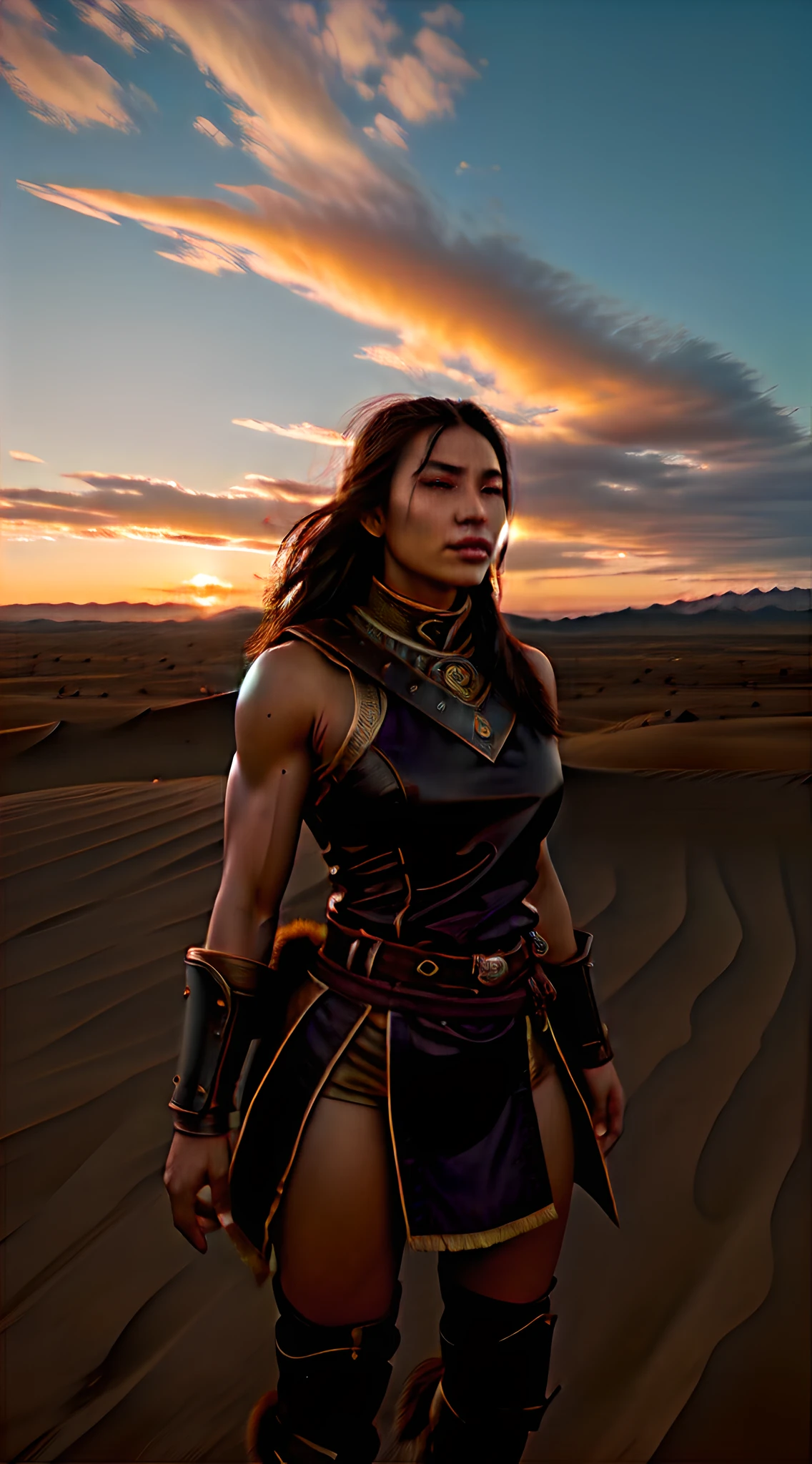 (masterpiece, high resolution, Greg Rutkowski style, best quality:1.2), Khutulun, Mongolian warrior princess, (traditional battle gear:1.2), hardened leather cuirass, fur-lined boots, honing wrestling techniques, (strong muscular physique:1.1), endless expanse of Mongolian plains, gusts of wind stirring dust, late sunset, (sky transitioning from oranges to deep purples:1.2), realistic style, intense, mid-action shot.