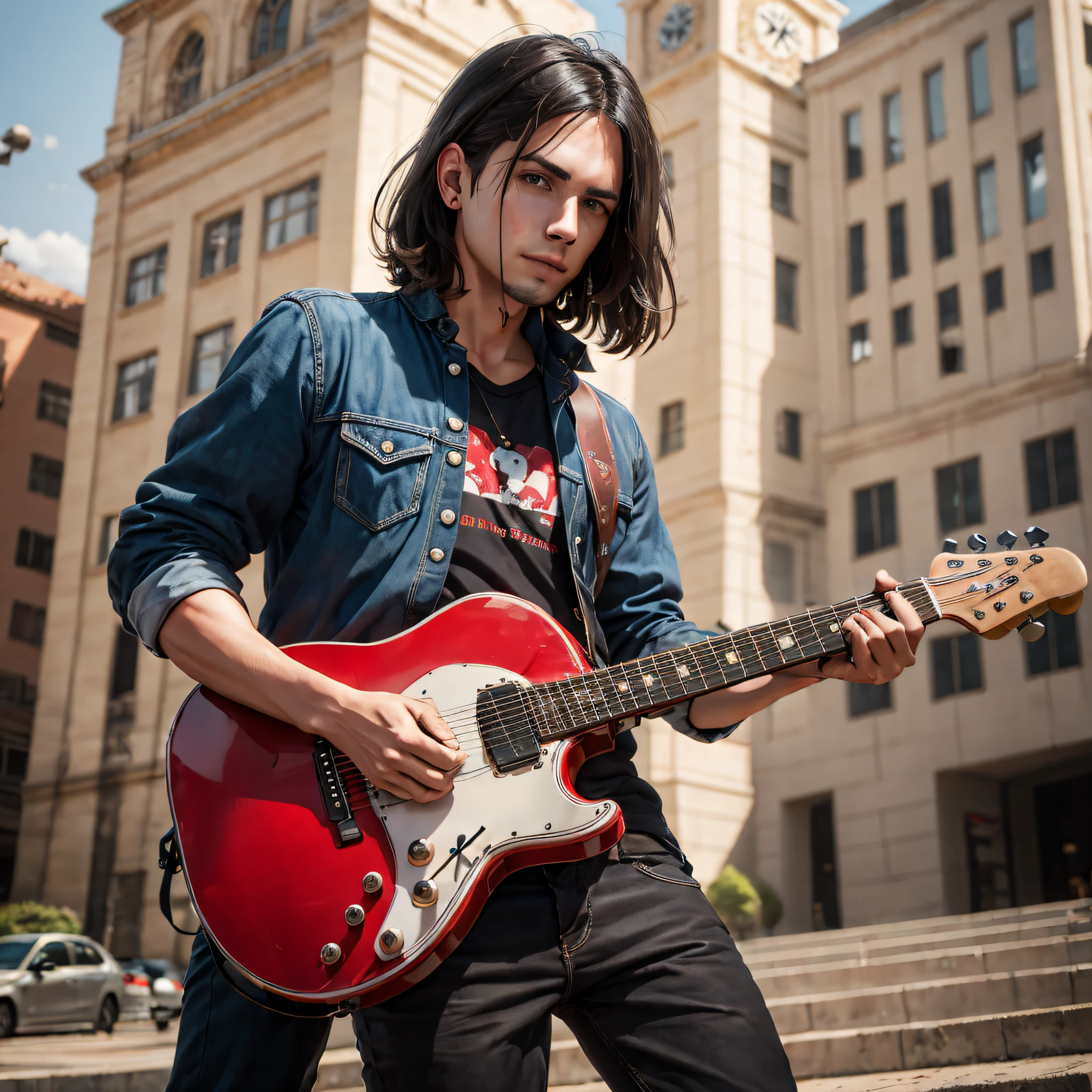 There's a rocker man standing in front of a building with a clock tower, dia do Rocha, homenagem ao dia do Rocha, fazendo sinal do Rocha, Rocha, dia mundial do Rocha, music, alta resolução, Realismo, Foto ADSL, Photographic Canon, Photo resolution, guitarra vermelha, Mesmo, anime