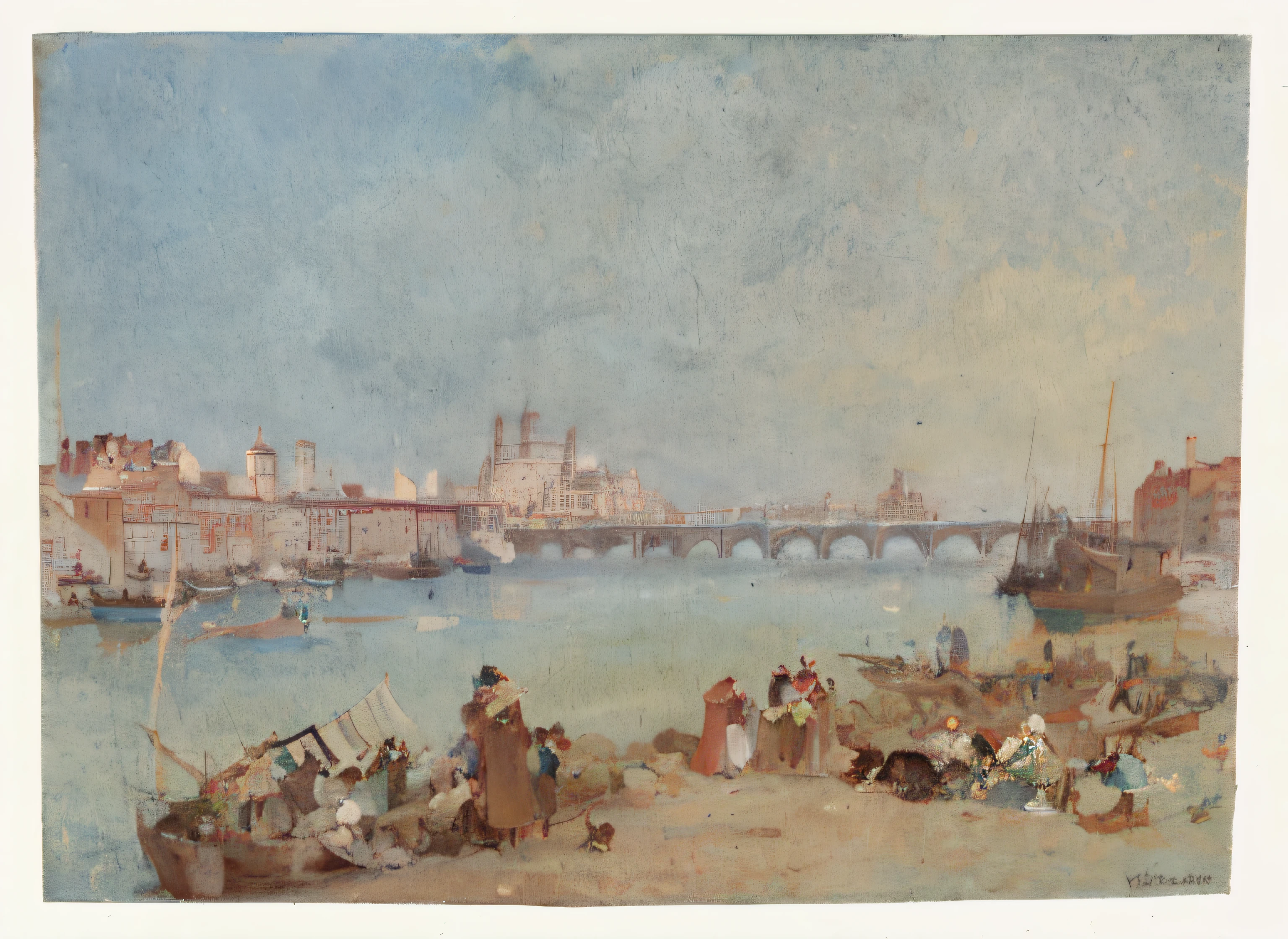 painting of a group of people standing on a beach next to a river, inspired by Richard Parkes Bonington, author:Richard Parkes Bonnington, author:William Turner(William Turner),Oxford, jmw turner, joseph mallord william turner, inspired by Samuel Prout, Beach scene, author:Samuel Prout, italian beach scene, turner whimsical, inspired by Francesco Guardi,In the background, the city building looms in the distance, On the horizon,Notre-Dame de Midview,French architecture that gradually closes the perspective,A bridge spans both banks,There are many boats docked on both sides of the river,In the foreground, a group of people stand by the river,guangjiao