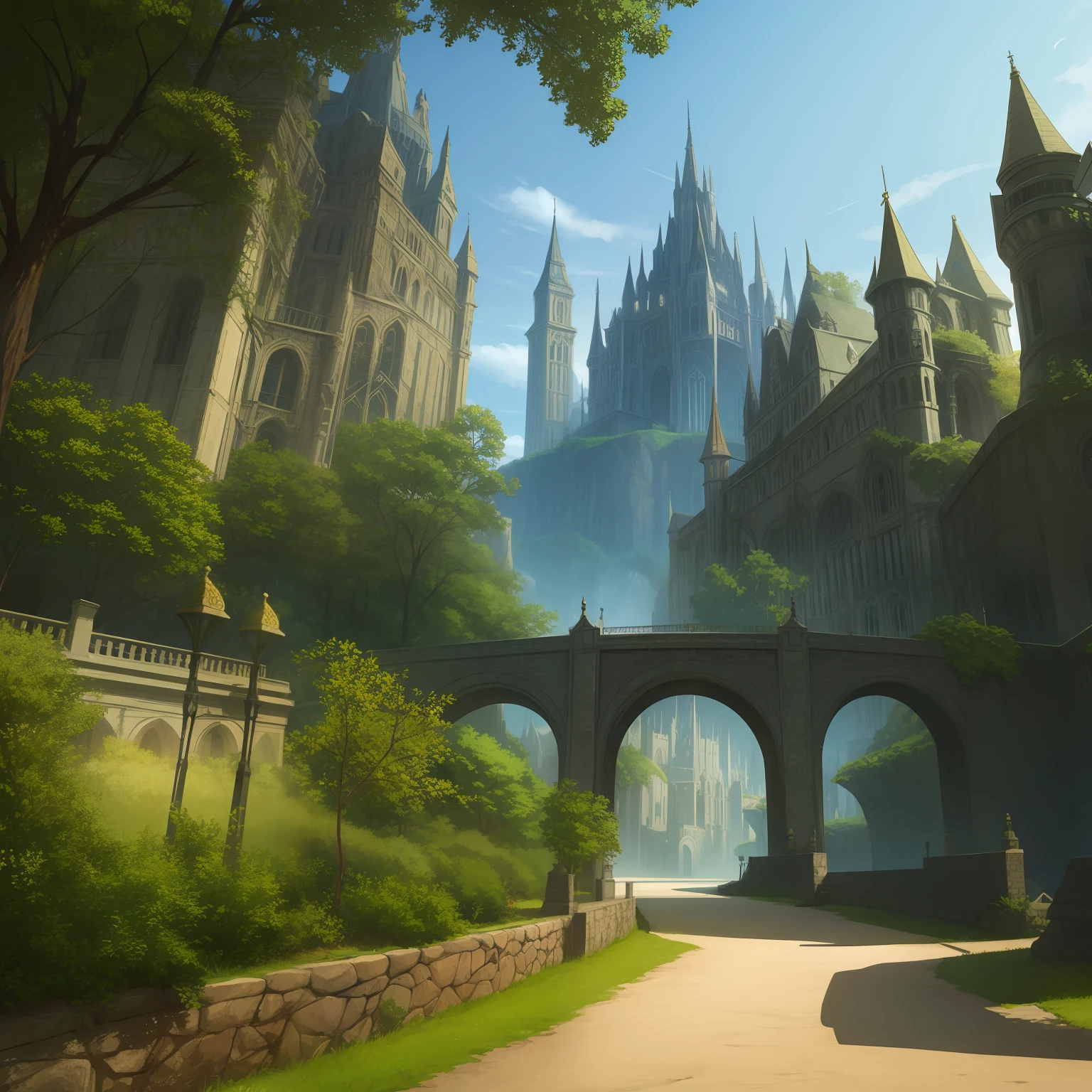 crie um cenario de uma cidade no tema steampunk com fantasia medieval e magia, Make the city as if the forest were entering it --auto