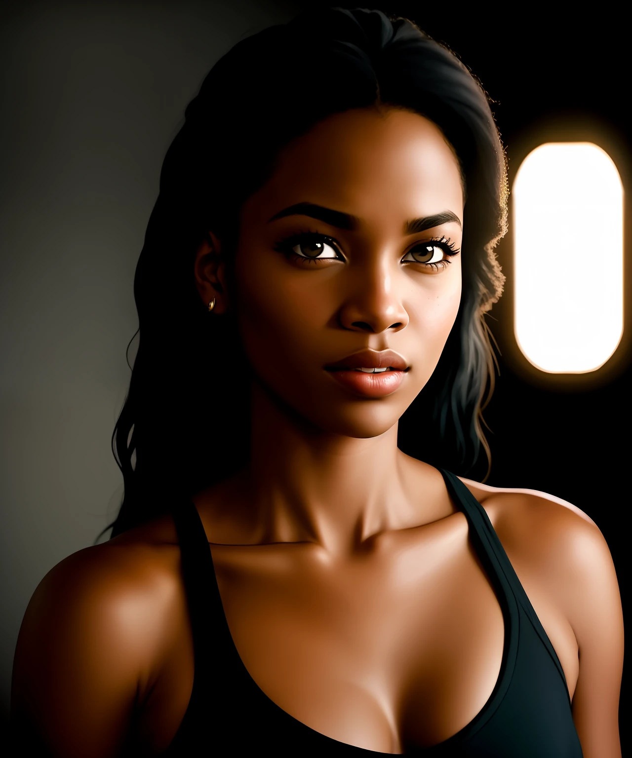 black female blkmndy, aggression, flirting with the camera, natural skin texture, hyper realism soft light, close up portrait photo by Annie Leibovitz, film, studio lighting, detailed skin, ultra realistic, bokeh, sharp feature