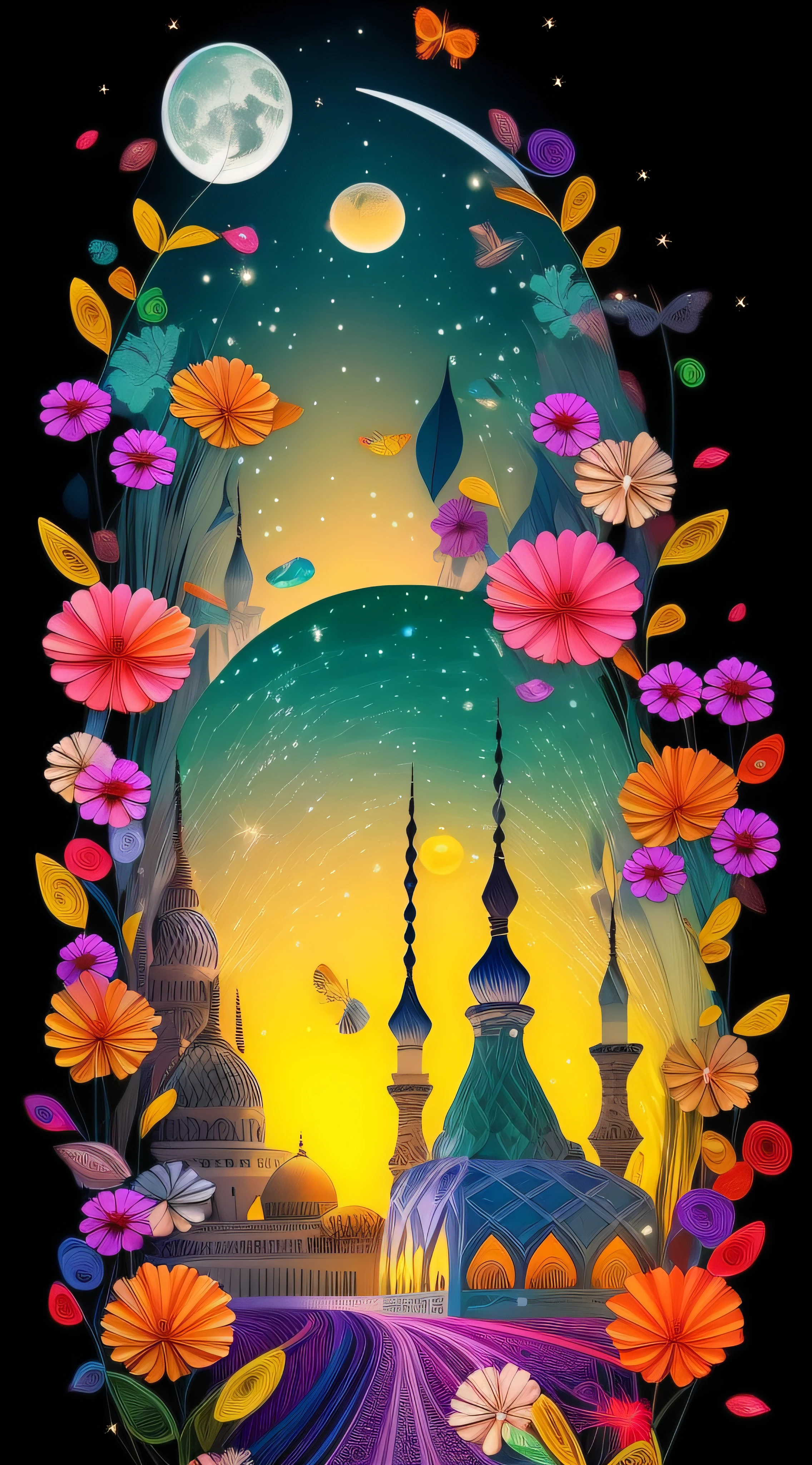 multi layered and multi dimensional paper cut craft, paper illustration, paper quilling, 3D, A colorful illustration of a mosque with a crescent moon and stars in the night sky, Eid Mubarak greeting card design on a black background, muslim eid al fitr festivity, festive and cheerful design with confetti and balloons, fractals, beautiful color grade, magical mystical scenic paper quilling landscape, DMT, 32k, 16k, Ultimate Perfect Beautiful Epic Composition, Extremely-Detailed, Intricate Designs, TanvirTamim, rim light, super detailed, ultra realistic, photo realistic --auto