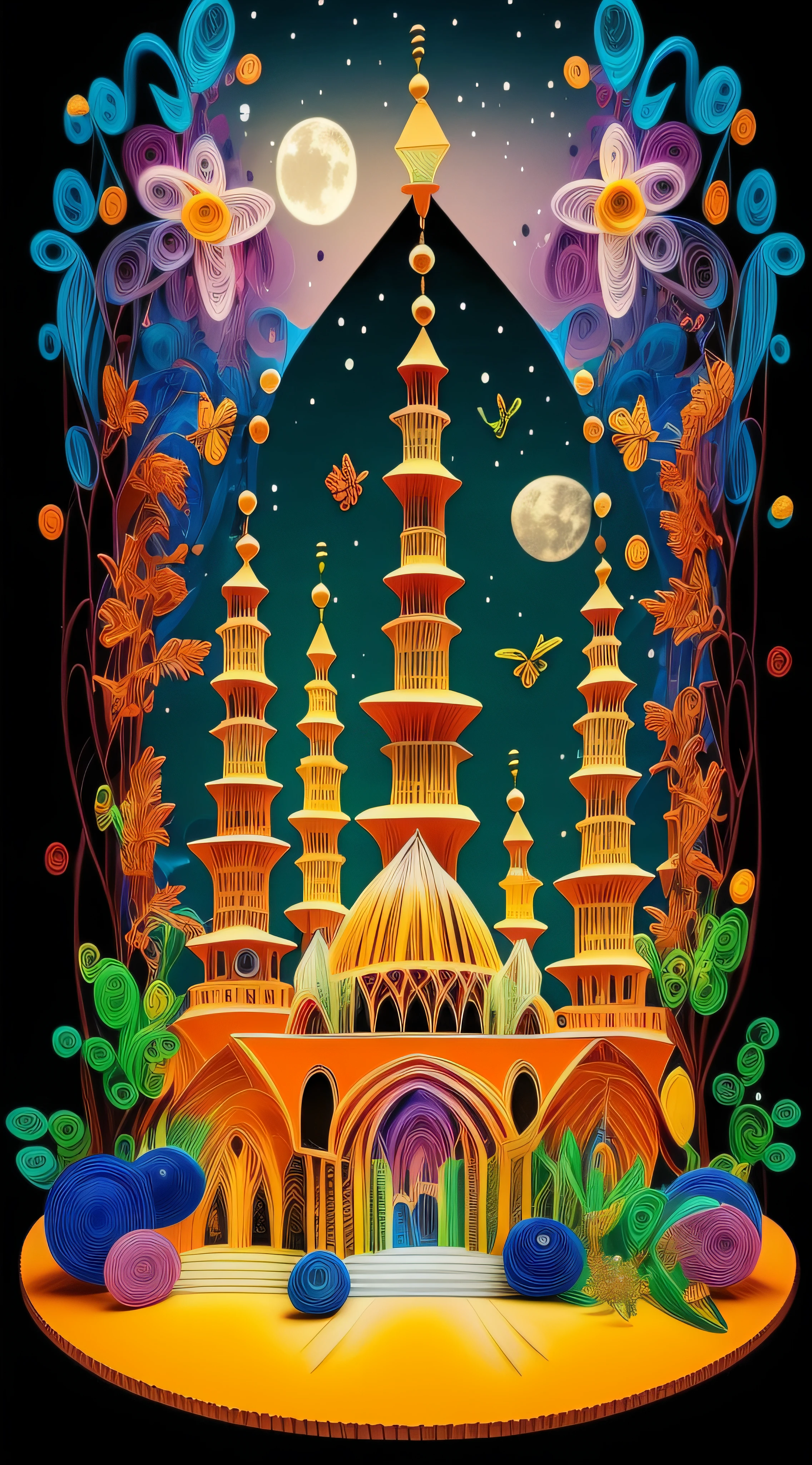 multi layered and multi dimensional paper cut craft, paper illustration, paper quilling, 3D, A colorful illustration of a mosque with a crescent moon and stars in the night sky, Eid Mubarak greeting card design on a black background, muslim eid al fitr festivity, festive and cheerful design with confetti and balloons, fractals, beautiful color grade, magical mystical scenic paper quilling landscape, DMT, 32k, 16k, Ultimate Perfect Beautiful Epic Composition, Extremely-Detailed, Intricate Designs, TanvirTamim, rim light, super detailed, ultra realistic, photo realistic --auto