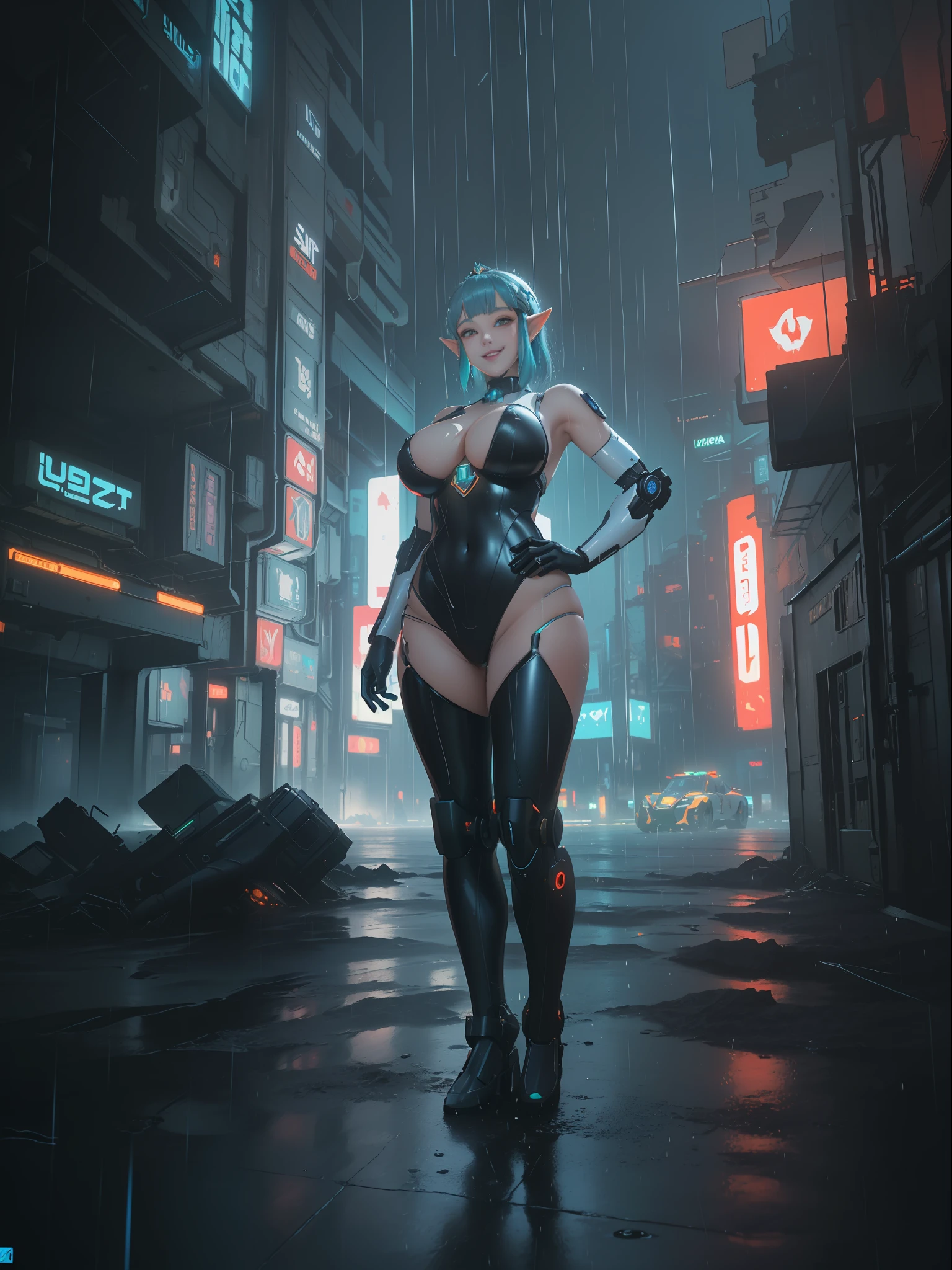 ((full body):1.5), {(Princess Zelda)}, {(((wearing black mecha costume with white parts extremely tight on her body)), ((extremely large breasts)), short blue hair, eyes green, is looking at the viewer, smiling, ((doing erotic pose)) holding futuristic weapons), (background: destroyed city, ((raining heavily))))}, ((cyberpunk):1.2), 16k, high quality, high detail, UHD
