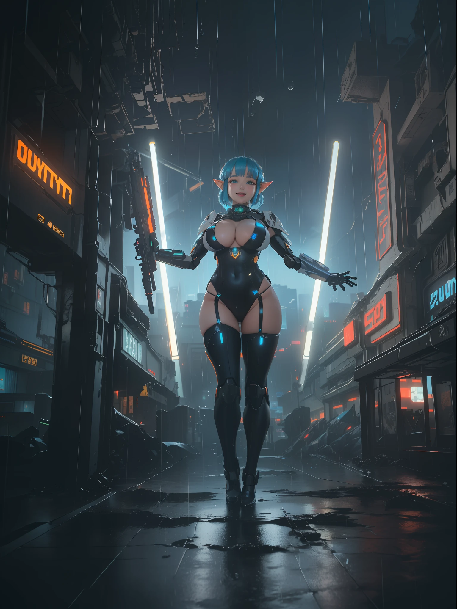 ((full body):1.5), {(Princess Zelda)}, {(((wearing black mecha costume with white parts extremely tight on her body)), ((extremely large breasts)), short blue hair, eyes green, is looking at the viewer, smiling, ((doing erotic pose)) holding futuristic weapons), (background: destroyed city, ((raining heavily))))}, ((cyberpunk):1.2), 16k, high quality, high detail, UHD