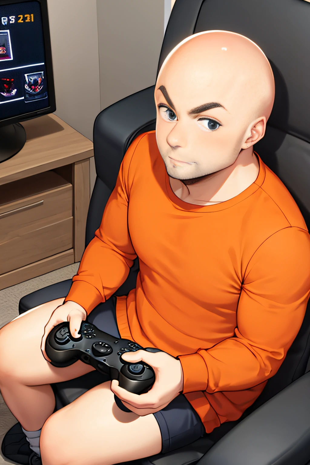 one man, bald, bald, adult, bald, wide body, orange sweatshirt, wearing orange sweatshirt, closed mouth, fake fat, Video game controller in hand, sitting, looking in viewer, male focus, motion lines , fun, no hair, no hair, thin beard, holding video game controller, anime style
