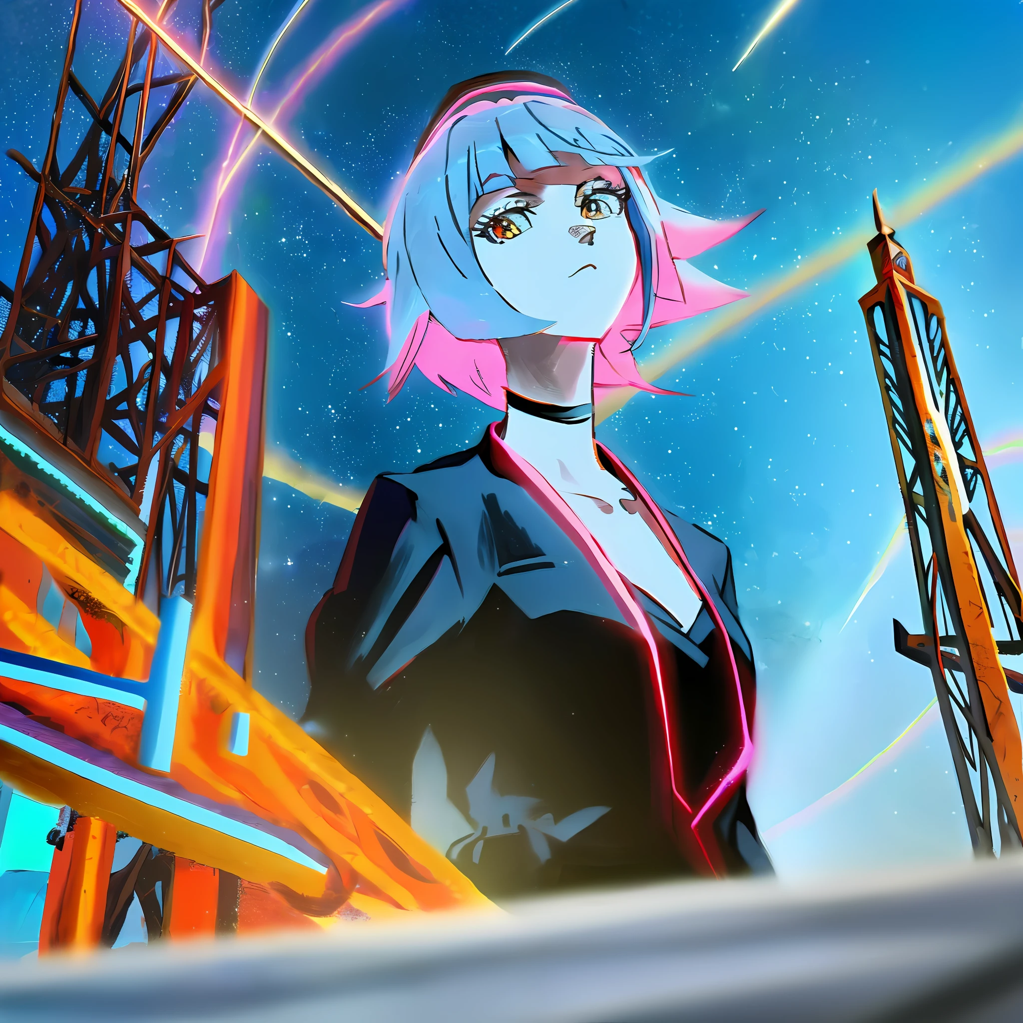 "((artistic work)), max quality, Ultra Detalhado, uma linda garota de anime de cabelos azuis estilo anime, Neon scenery painted in a delicate style, night  sky, high level of detail and definition in ((resolution: 8k)), allowing a total immersion in the scene."