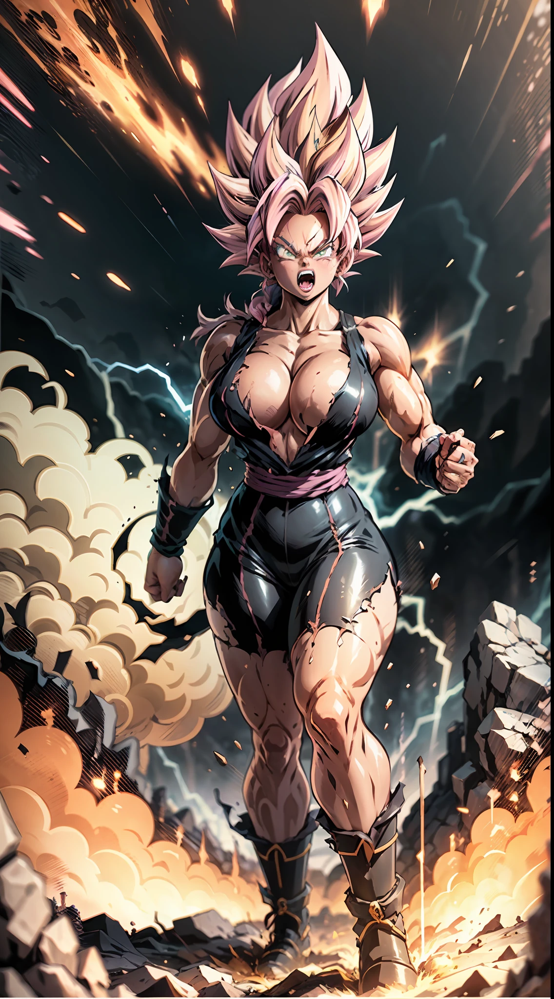 Super Saiyan Kefla unleashes a colossal energy wave that shatters the ground and creates a massive shockwave. He stands on a rocky terrain with a stormy sky in the background. The energy wave is a mix of pink and yellow hues with a swirling pattern. (dark:1.2), (epic:1.3), (chaotic composition:1.2), (metallic:1.1), (gritty texture:1.1), (comic book:1.2), (((3D))), (((realistic))), girl, big tits