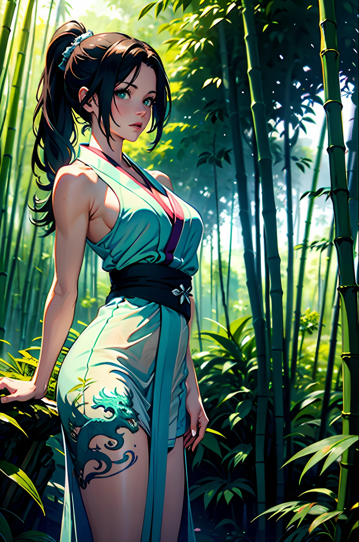 Evangeline Lilly, (yukata without sleeves), ((arms are made of sculpted jade)), ponytail, (green arms), (dragon tattoo), ((1girl)) , (masterpiece) (hyperdetailed) one person, bamboo forest background