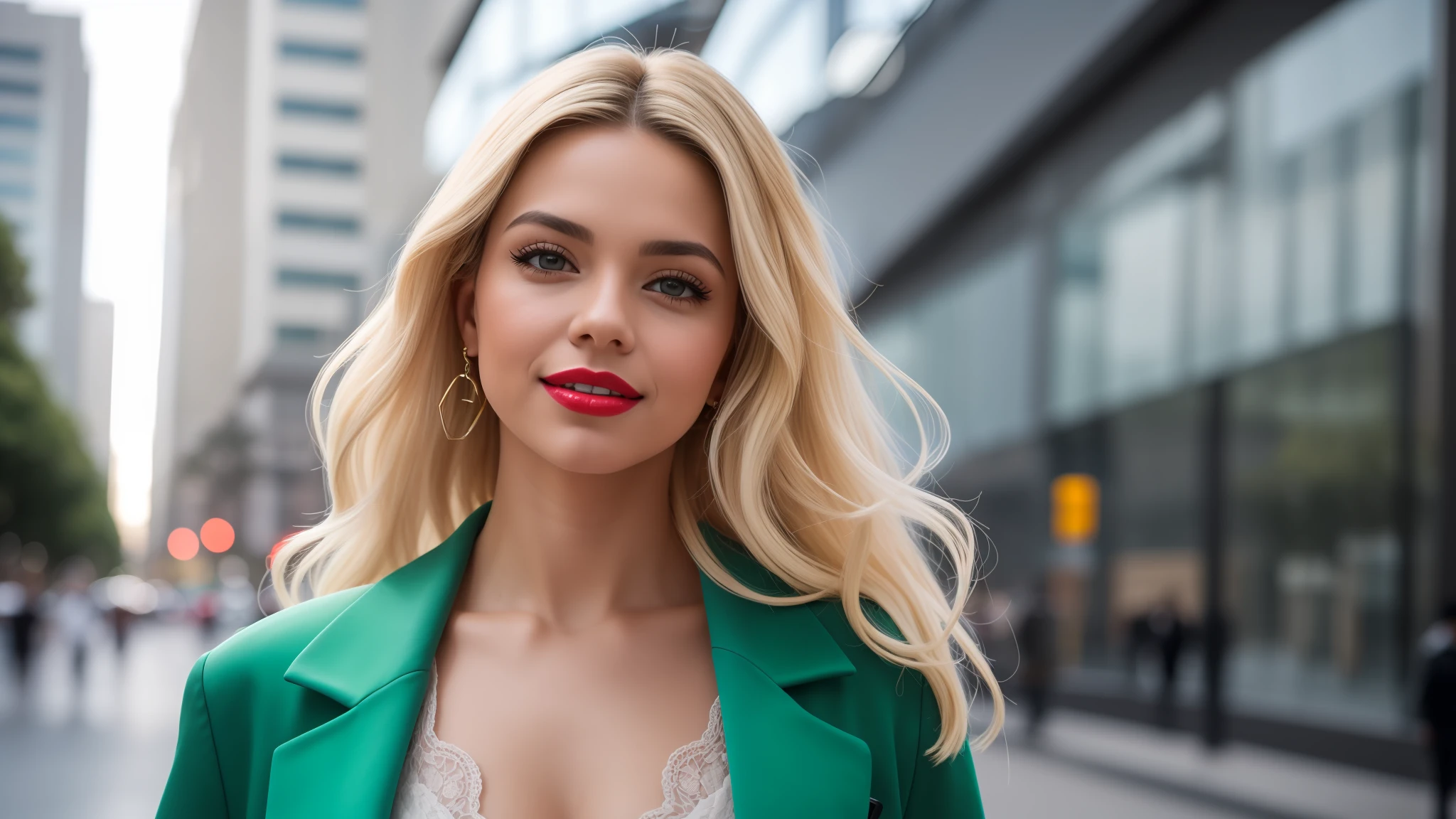 Uma mulher jovem e bonita, blonde hair that falls gently in waves up to the shoulders, altura mediana, olhos grandes e verdes, pele clara, It is on the avenue paulista in sao paulo, It is in front of a very beautiful building with glass façade, she's wearing an elegant tailleur, it's summer morning, ela sorri mostrando os dentes, foto de corpo inteiro, Sunlight enhances your hair, seu semblante esta naturalmente sereno, half-open lips with red lipstick, Textura 8K, altamente detalhados, realista, soft Cinematic Light, HDR, sharp fokus, obra-prima, fotorrealista, fotografia premiada, Canon EOS R5, 35 mm.