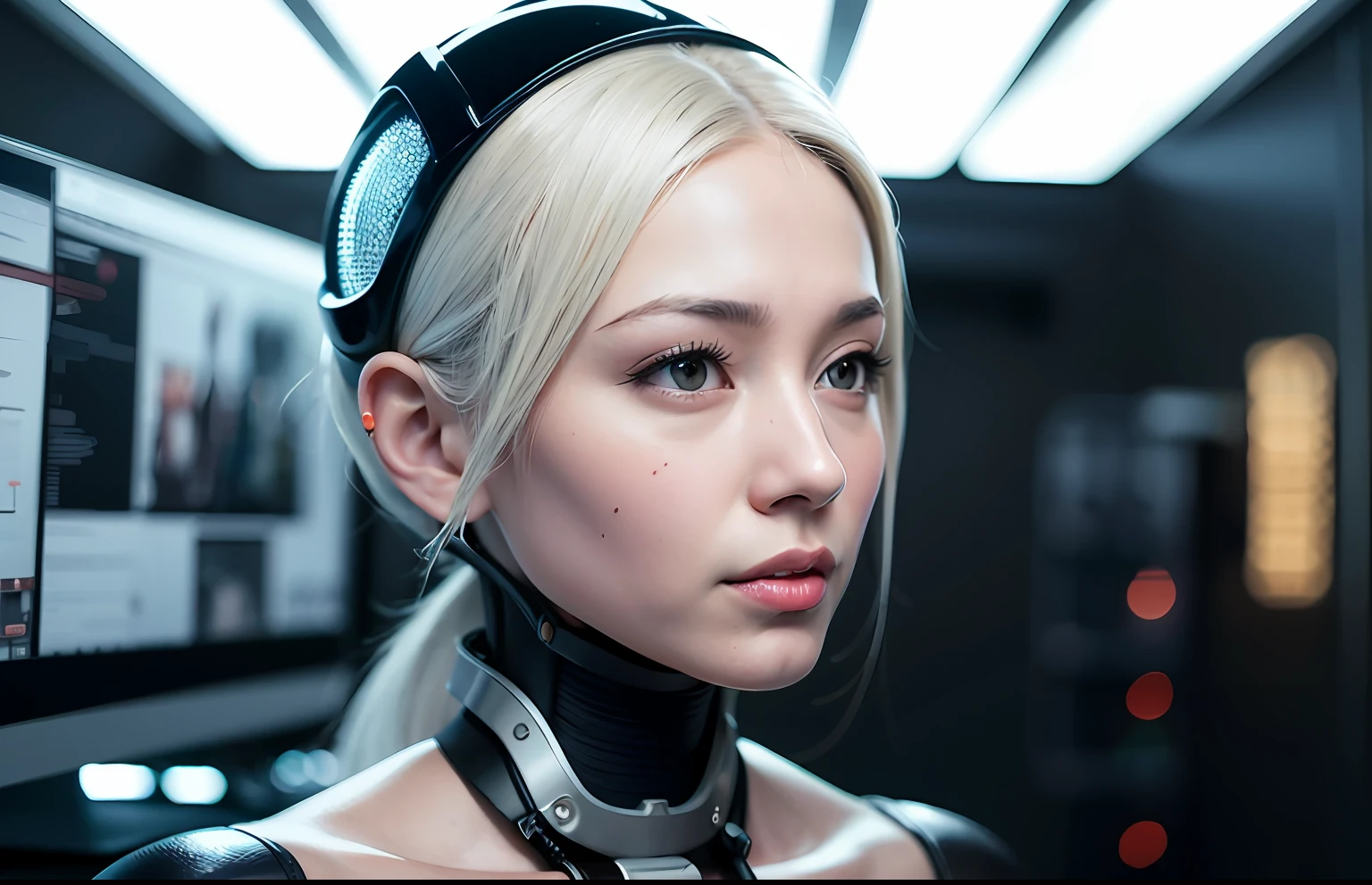 сложный 3D-рендер, ultra detailed beautiful porcelain android woman face, She holds the microphone like a DJ, zolotisní world,  robotic parts, 150 mm, Beautiful studio soft light, Edge light, bright details, luxurious cyberpunk, lace, hyperrealistic, anatomical, facial muscles, cable, electrical wires, microchip, elegant, Beautiful background, Octane imaging, style HR Giger, 8K, 最好质量, 巨作, illustration, Extremely thin and beautiful, Extremely detailed, computer graphics, unity, wallpaper, (realisti, photo-realistic: 1,37), startling, Finely detailed, 巨作, 最好质量, offcial art, extremely detailed wallpapers Computer graphics Unity 8K, Absurd, incredibly absurd, robot, Silver helmet, The whole body, sedentary
