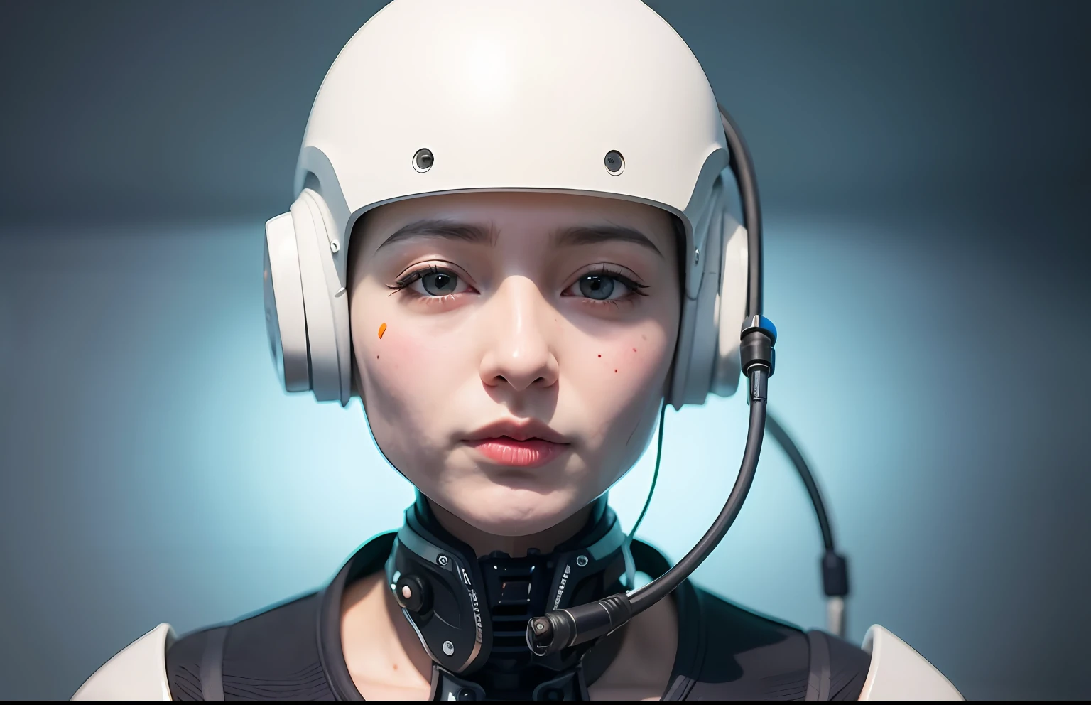 сложный 3D-рендер, ultra detailed beautiful porcelain android woman face, She holds the microphone like a DJ, zolotisní world, robotic parts, 150 mm, Beautiful studio soft light, Edge light, bright details, luxurious cyberpunk, lace, hyperrealistic, anatomical, facial muscles, cable, electrical wires, microchip, elegant, Beautiful background, Octane imaging, style HR Giger, 8K, 最好质量, 巨作, illustration, Extremely thin and beautiful, Extremely detailed, computer graphics, unity, wallpaper, (realisti, photo-realistic: 1,37), startling, Finely detailed, 巨作, 最好质量, offcial art, extremely detailed wallpapers Computer graphics Unity 8K, Absurd, incredibly absurd, robot, Silver helmet, The whole body, sedentary