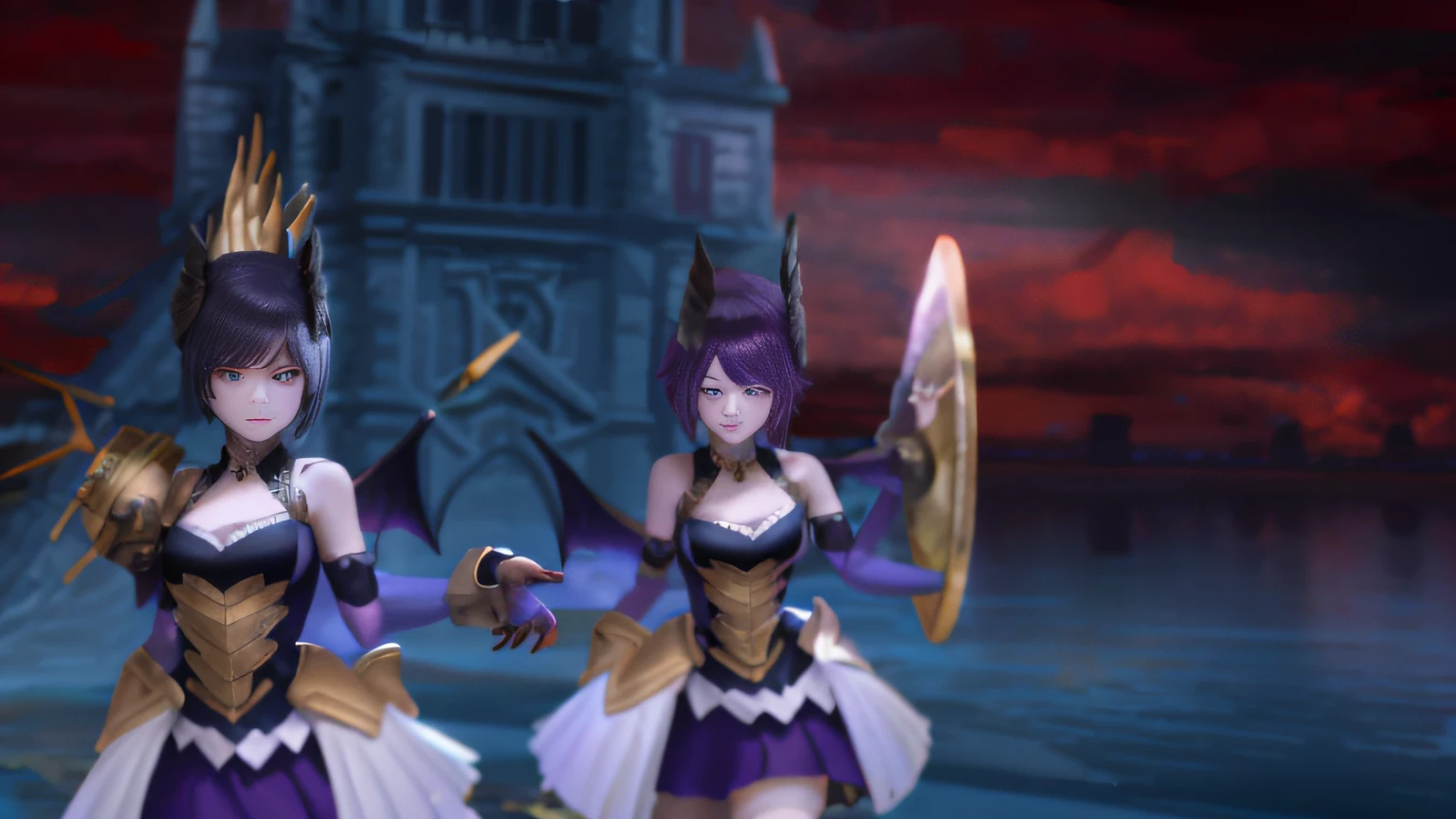 (((Meisterwerk))), best qulaity, ultradetailliert, ultrafein, high res, dynamische Pose, dynamischer Kamerawinkel, a Valkyrie with her vicious demonic twin sister, hohe Detailtreue, Krone auf dem Kopf. 4k feather dresses purple white gold