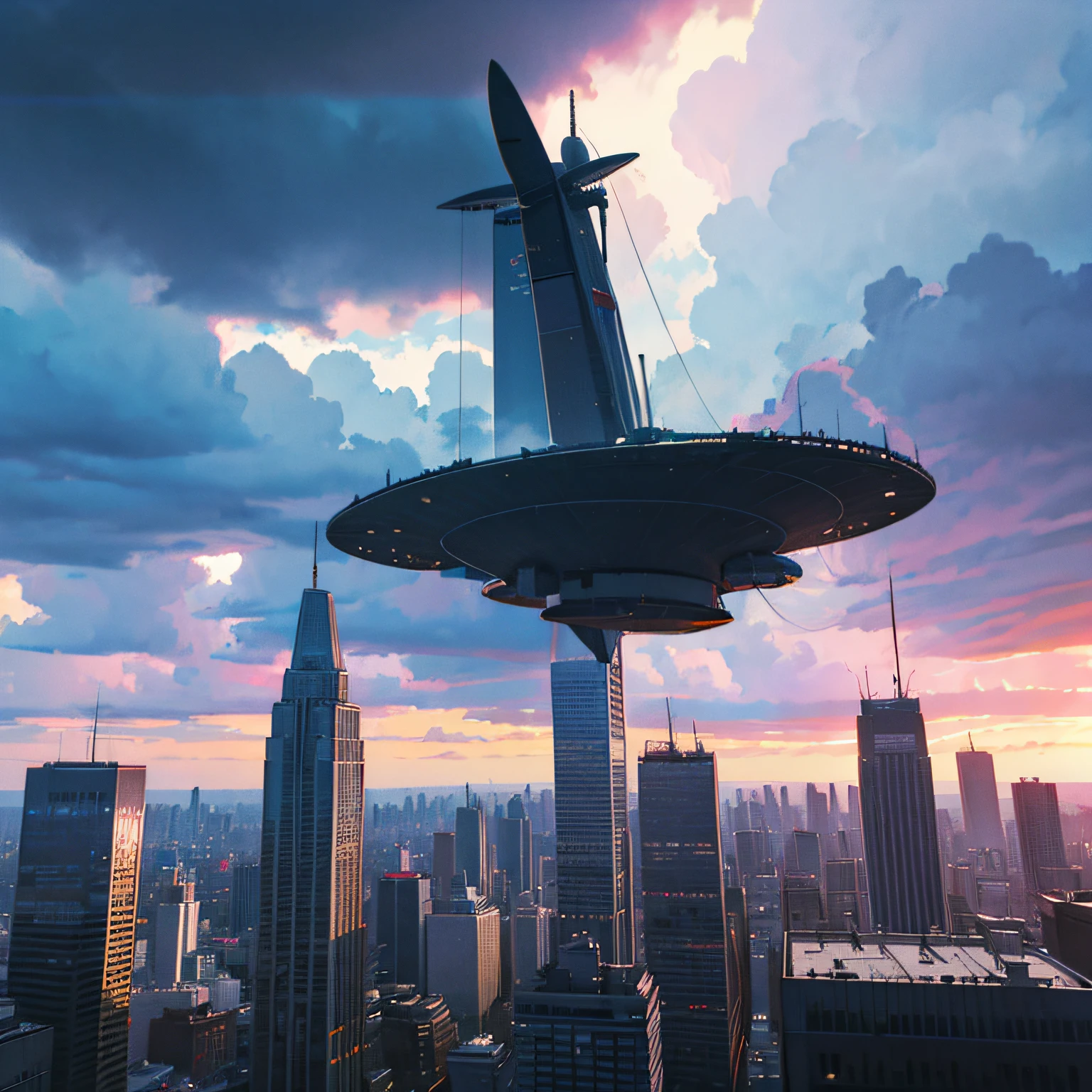 A spacecraft flies among storm clouds on a rainy afternoon Lightning cuts through the cloudy sky, in sky, Incredible spaceships fly towards a large futuristic and translucent city, ao fundo visto de cima da tempestade, em 3d, hiper-relismo em cena;, definition in all elements in the scene, cores semelhantes a Ghibli, pintura fosca digital --auto