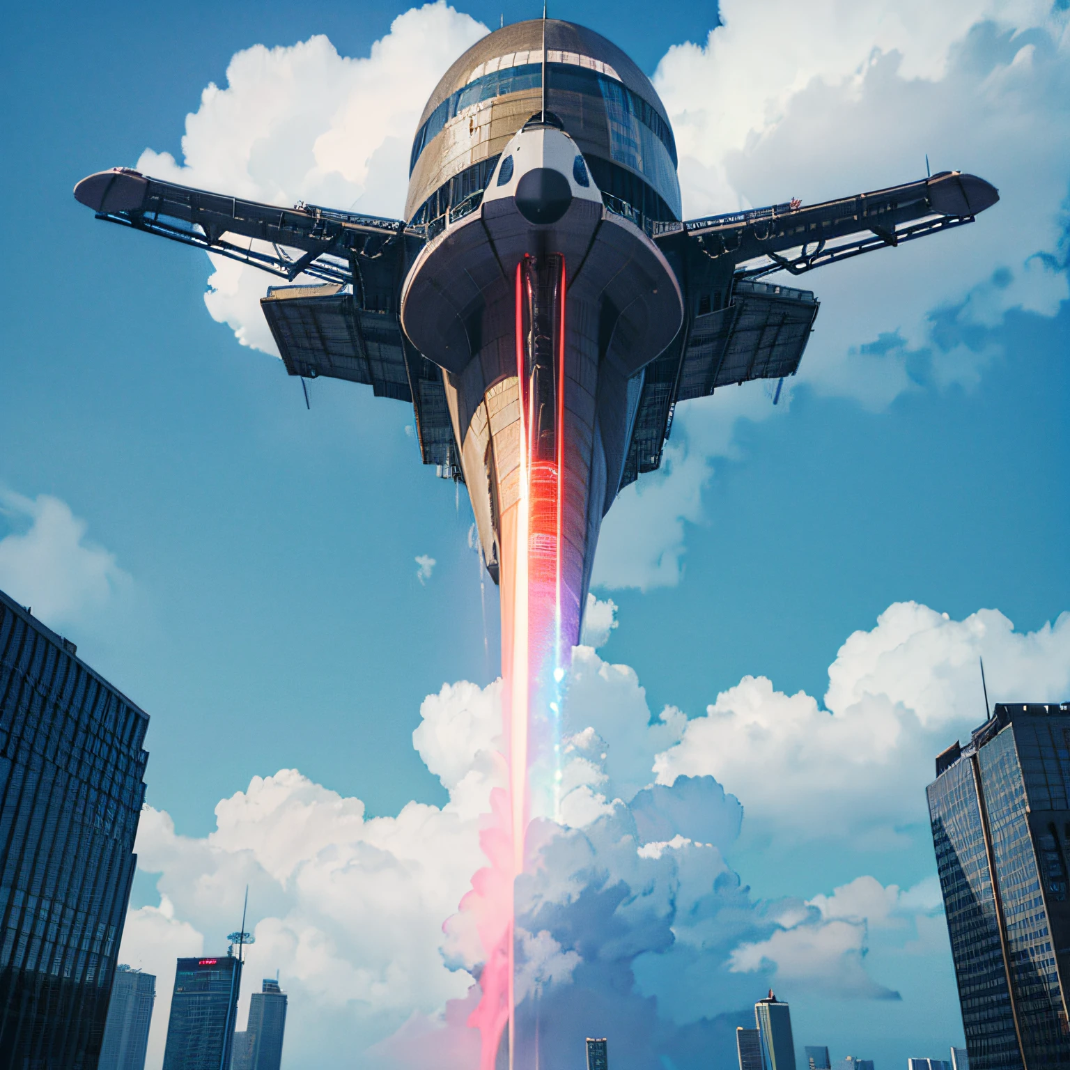 A spacecraft flies among storm clouds on a rainy afternoon Lightning cuts through the cloudy sky, in sky, Incredible spaceships fly towards a large futuristic and translucent city, ao fundo visto de cima da tempestade, em 3d, hiper-relismo em cena;, definition in all elements in the scene, cores semelhantes a Ghibli, pintura fosca digital --auto