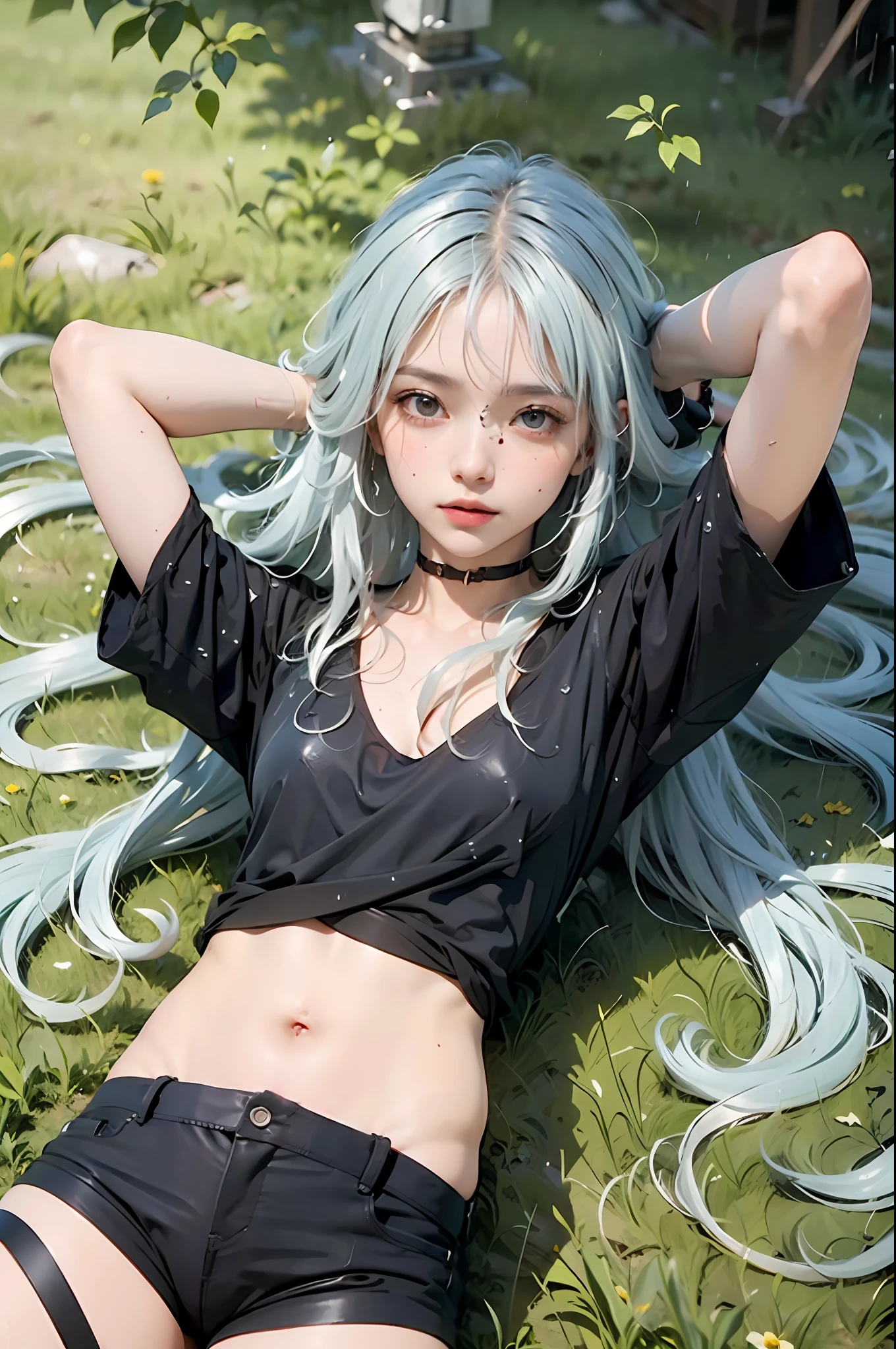 Beautiful woman with wavy hair, delicate and charming eyes, thigh notch, sexy long legs, t-shirt in small shorts, beautiful futuristic cyberpunk + city, mist, damp, rain, best quality masterpiece, realistic, detailed, 8k, HDR, shallow depth of field, wide light, high contrast, backlight, flood, flash, chromatic aberration, sharp focus, RAW color photo