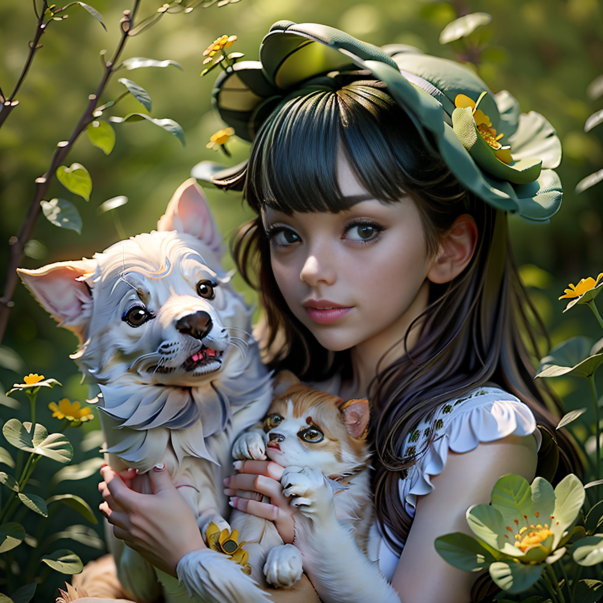 An incredibly charming little girl Jessica, accompanied by her adorable puppy,, enjoying a lovely spring outing surrounded by beautiful yellow flowers and natural scenery. The illustration is in high definition at 4k resolution, with highly-detailed facial features and cartoon-style visuals.