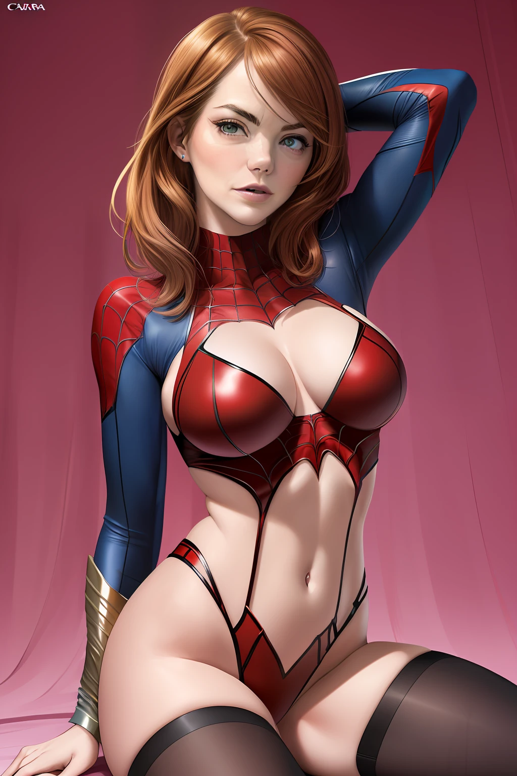 (((hyper masterpiece))), ((sensual pose)), traje de spiderwoman, modelo (emma stone), ((mediano pecho)), ((nalgas voluptuosas)), ((cara super sensual)), estilo super realista