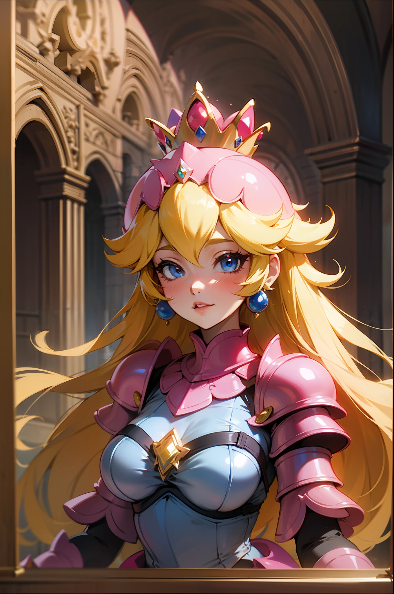Princess Peach, from super Mario, as a sensual medieval knight, pink armor