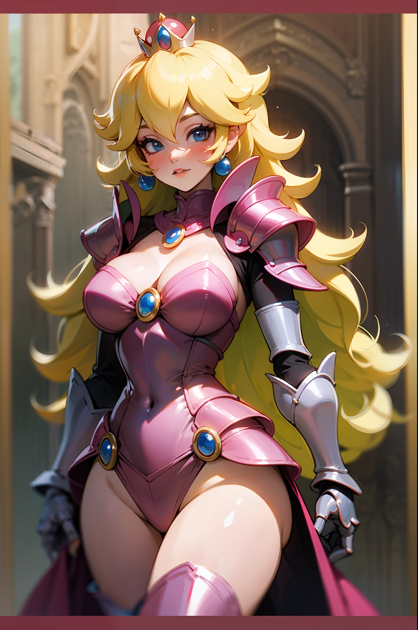 Princess Peach, from super Mario, as a sensual medieval knight, pink armor