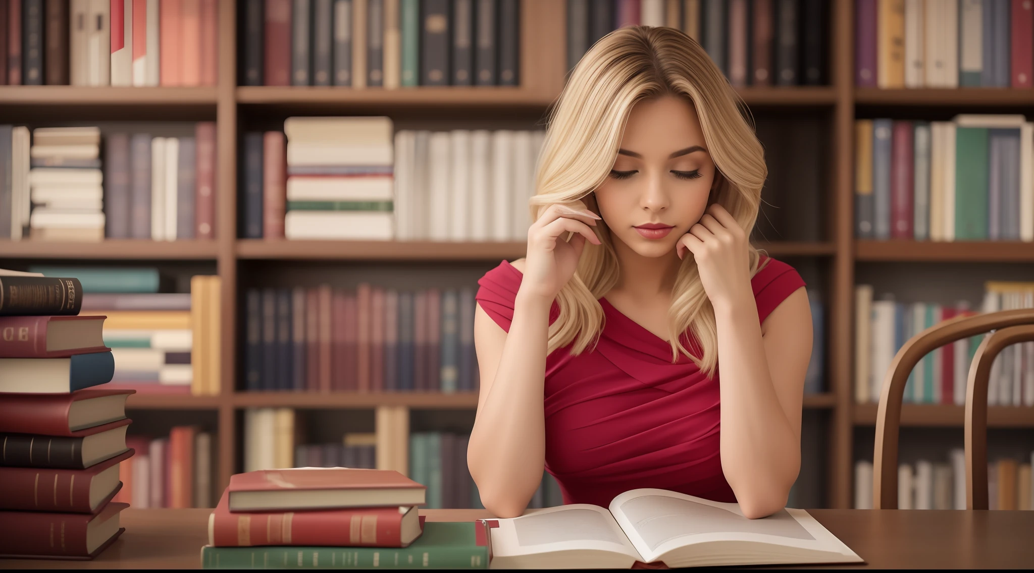 Uma mulher jovem e bonita, blonde hair that falls gently in waves up to the shoulders, altura mediana, olhos grandes e verdes, pele clara, roupas casuais, She's in a public library, ambient lighting, Some books are on the table, seu semblante esta naturalmente sereno, lips with lipstick in red color, She's reading a book, there are people sitting in the background, quadro mais aberto, Textura 8K, altamente detalhados, realista, soft  Cinematic Light, HDR, sharp fokus, obra-prima, fotorrealista, fotografia premiada, Canon EOS R5, 35 mm.