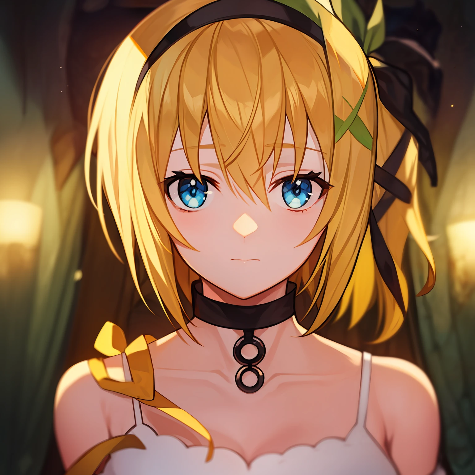 1girl, black_choker, blonde_hair, blue_eyes, choker, commentary_request, edna_(tales), expressionless, hair_ribbon, hairband, naminori, portrait, ribbon, short_hair, side_ponytail, solo, tales_of_(series), tales_of_zestiria, tress_ribbon